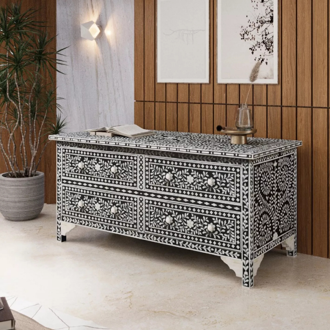Featuring a Black Bone Inlay Chest of Drawer in floral pattern, the Iris collection enhances your space with intricately handcrafted designs that elevate your home and living aesthetics.