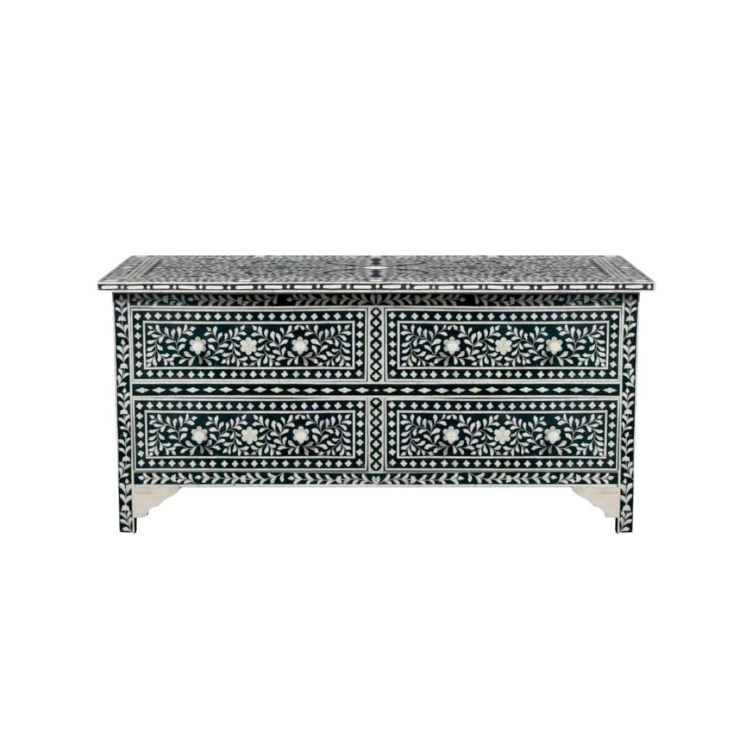 Featuring a Black Bone Inlay Chest of Drawer in floral pattern, the Iris collection enhances your space with intricately handcrafted designs that elevate your home and living aesthetics.