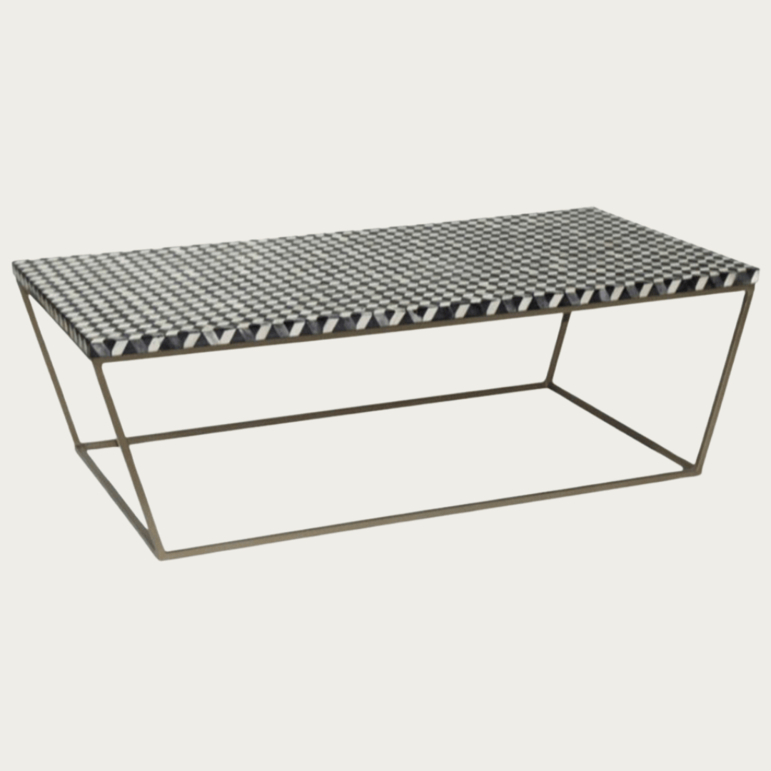 Rectangular black bone inlay coffee table with a geometric pattern and a sleek metallic frame for a modern and sophisticated look.