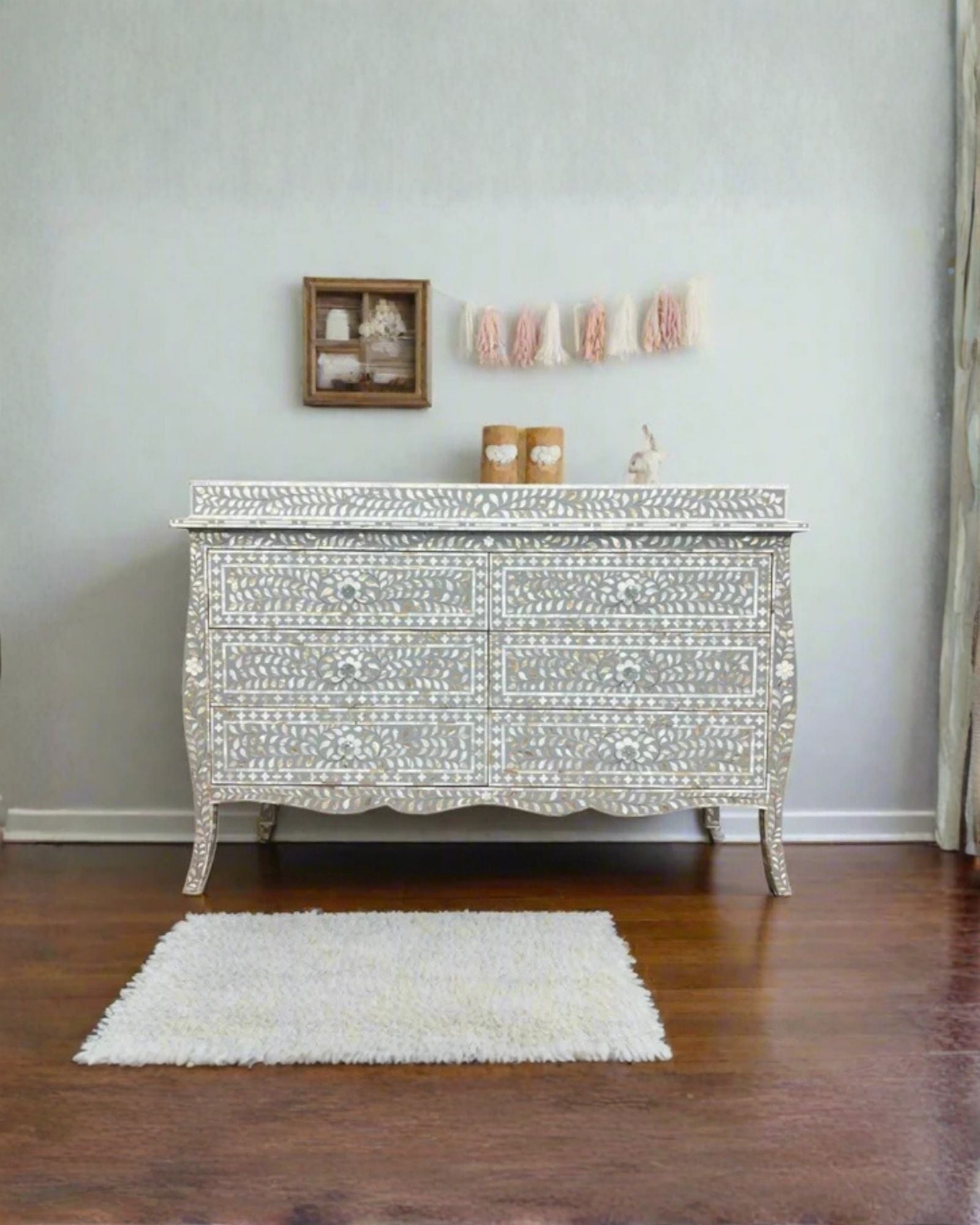 Bloom Chest of Drawers, white mother of pearl inlay design, handcrafted floral pattern by Tabeer Homes.