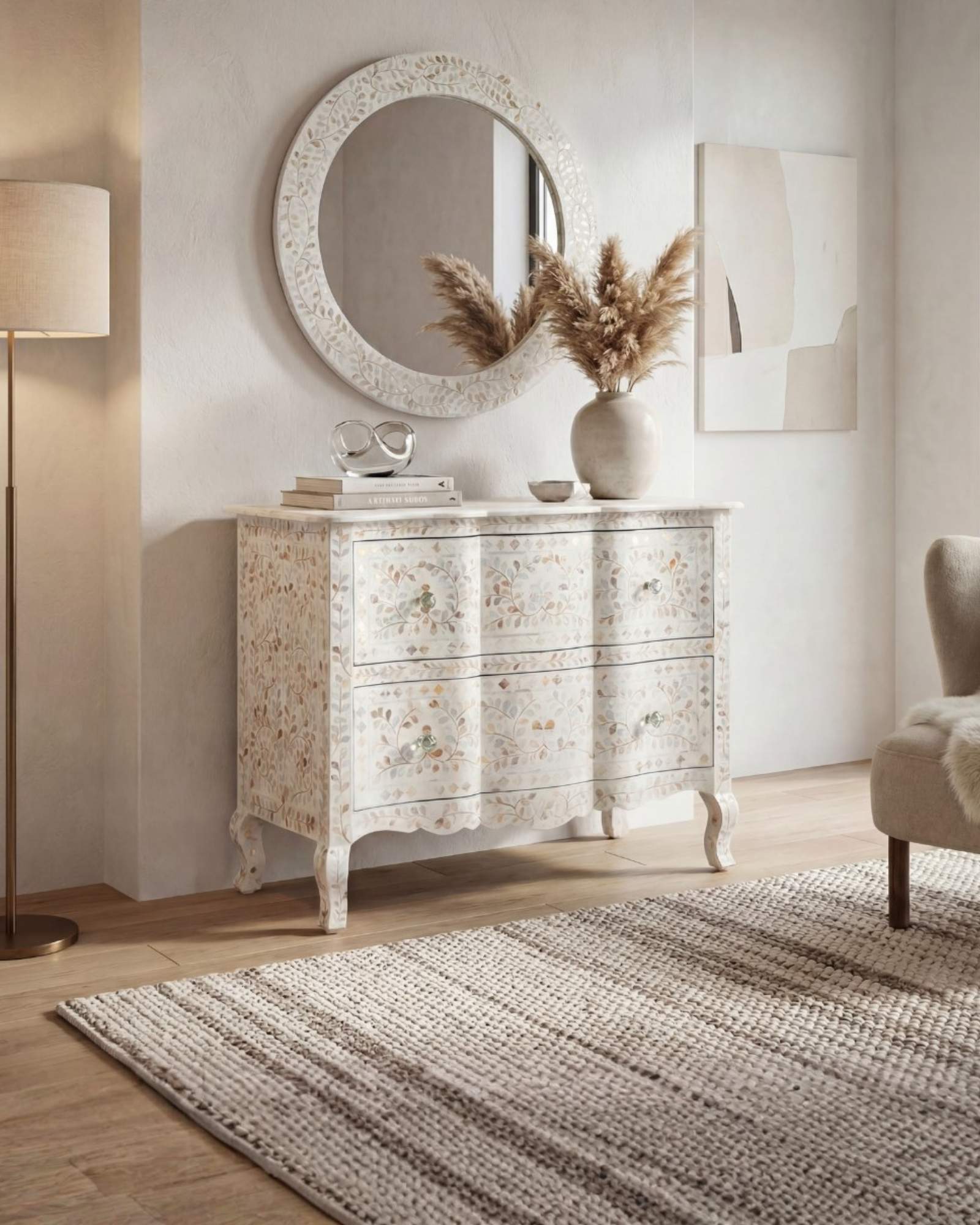 Mother of pearl inlay chest of drawers featuring intricate floral pattern in white and multitone, handcrafted furniture piece