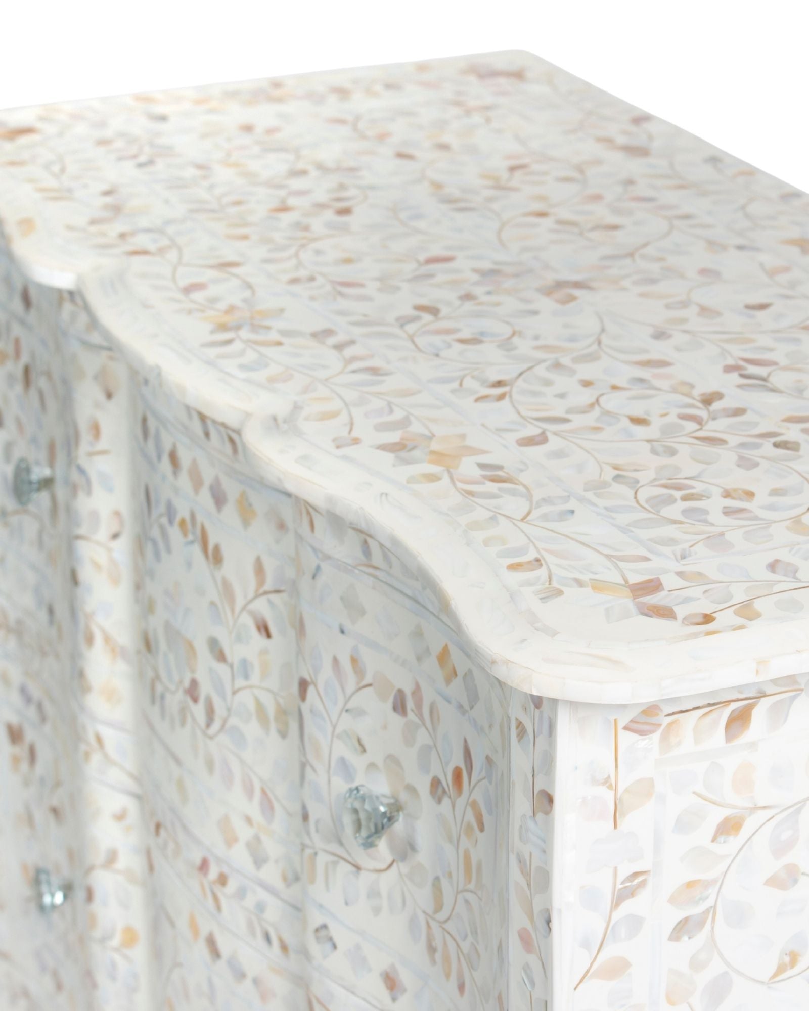 Mother of pearl inlay chest of drawers featuring intricate floral pattern in white and multitone, handcrafted furniture piece