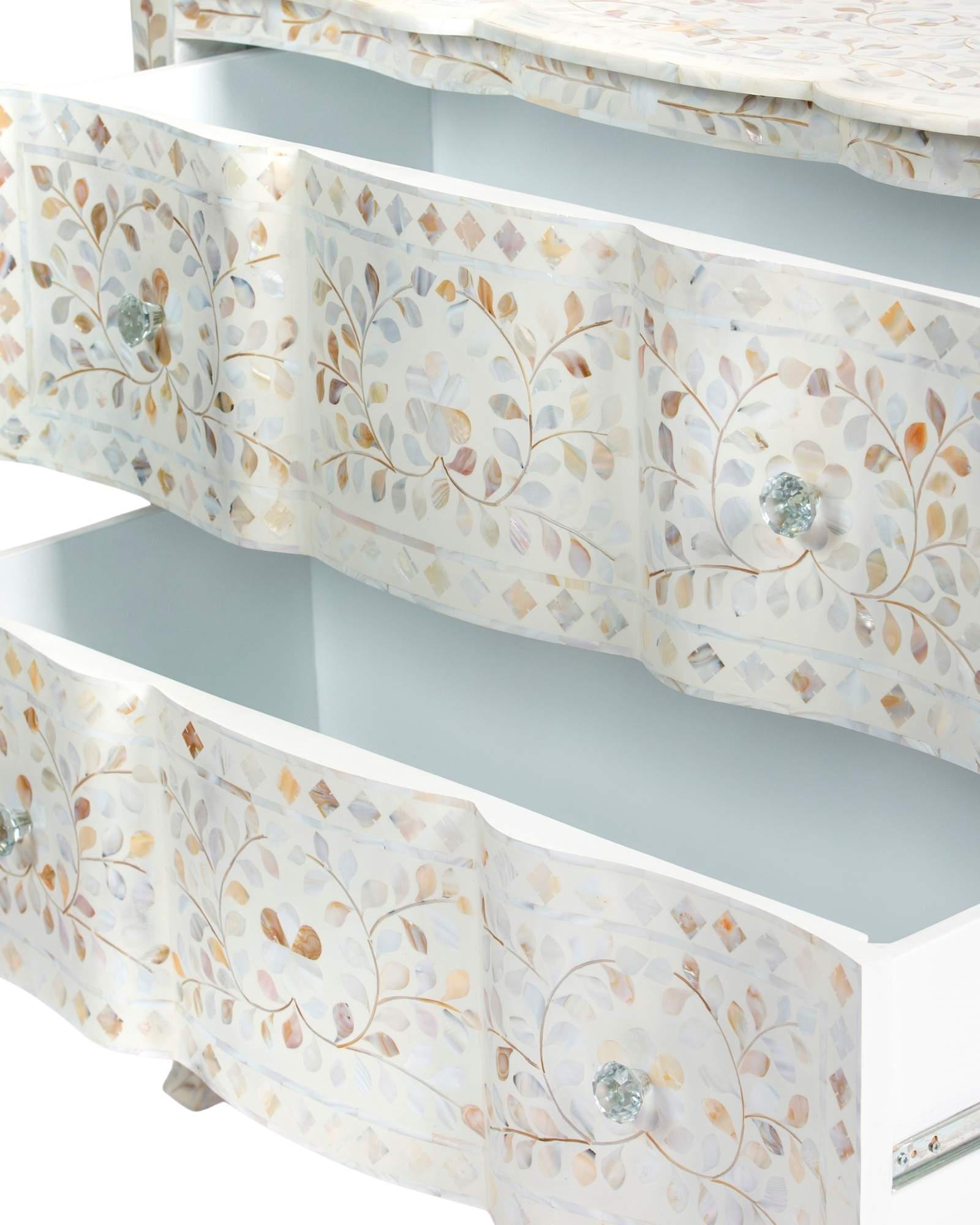 Mother of pearl inlay chest of drawers featuring intricate floral pattern in white and multitone, handcrafted furniture piece