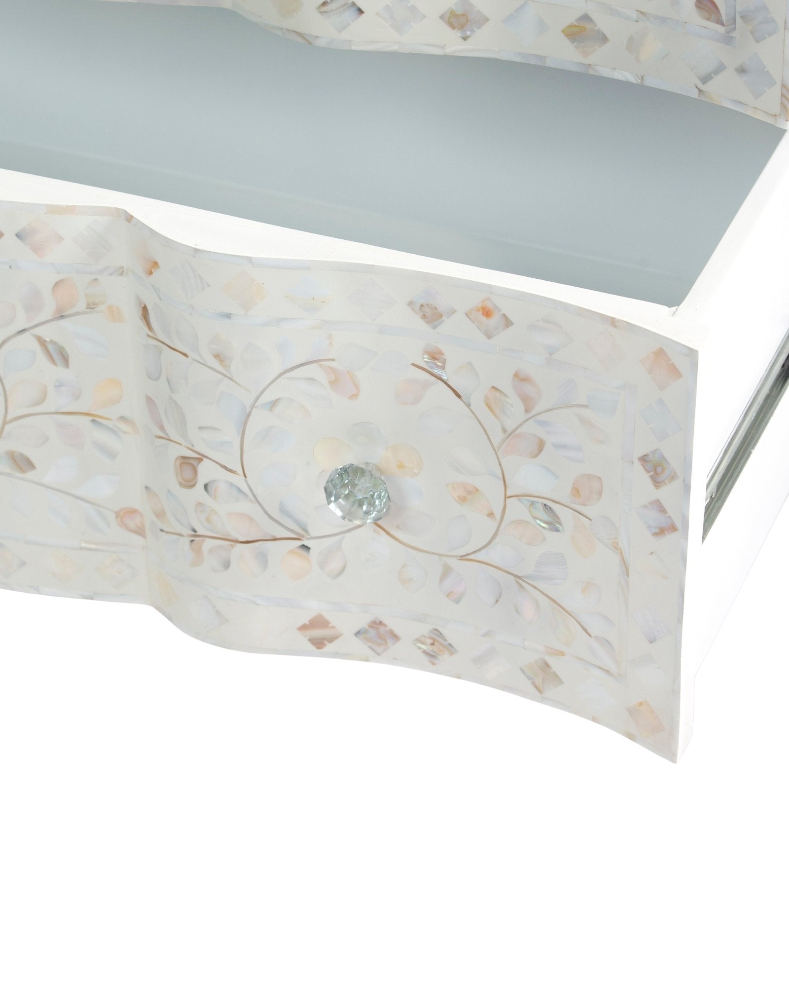Mother of pearl inlay chest of drawers featuring intricate floral pattern in white and multitone, handcrafted furniture piece