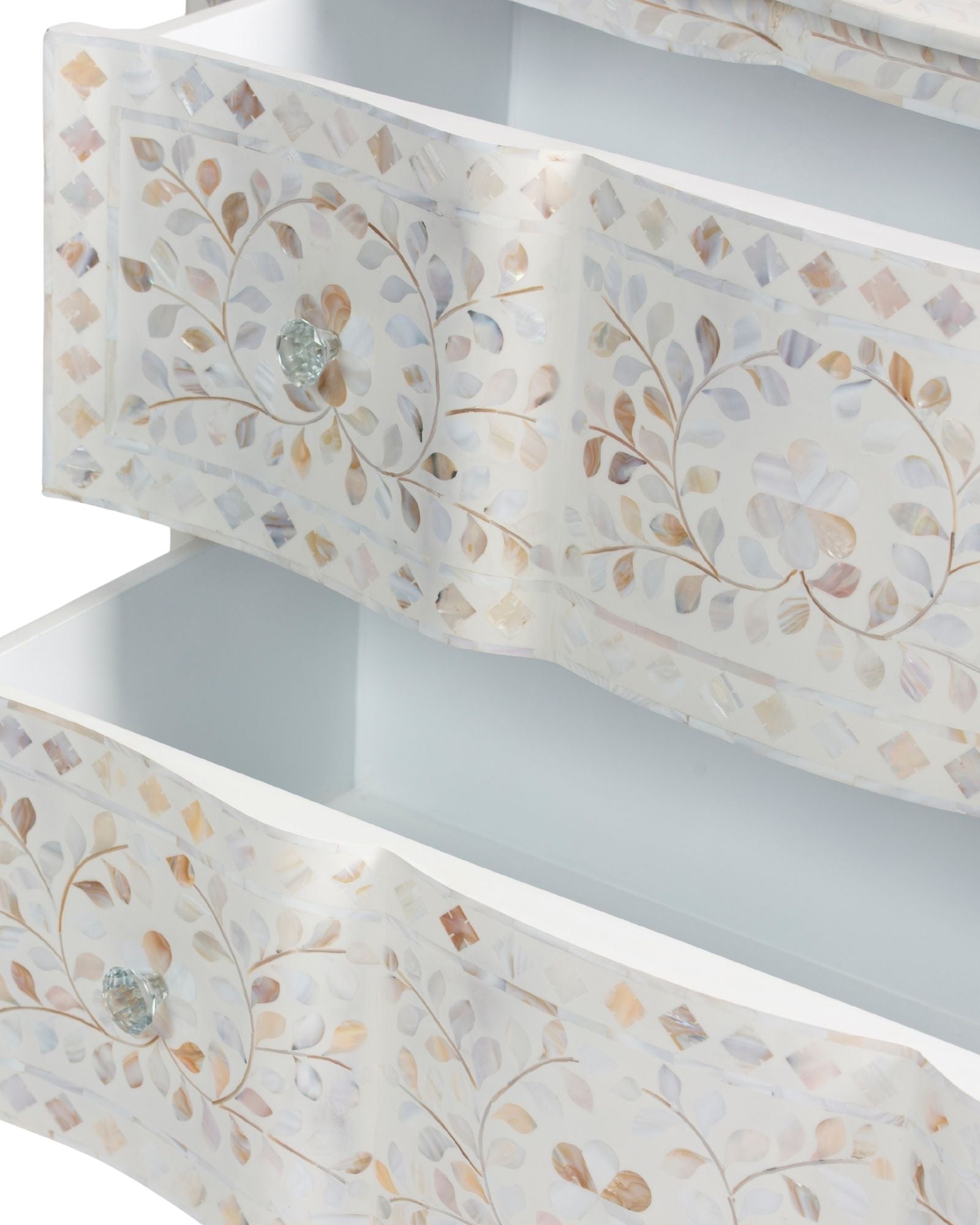 Mother of pearl inlay chest of drawers featuring intricate floral pattern in white and multitone, handcrafted furniture piece