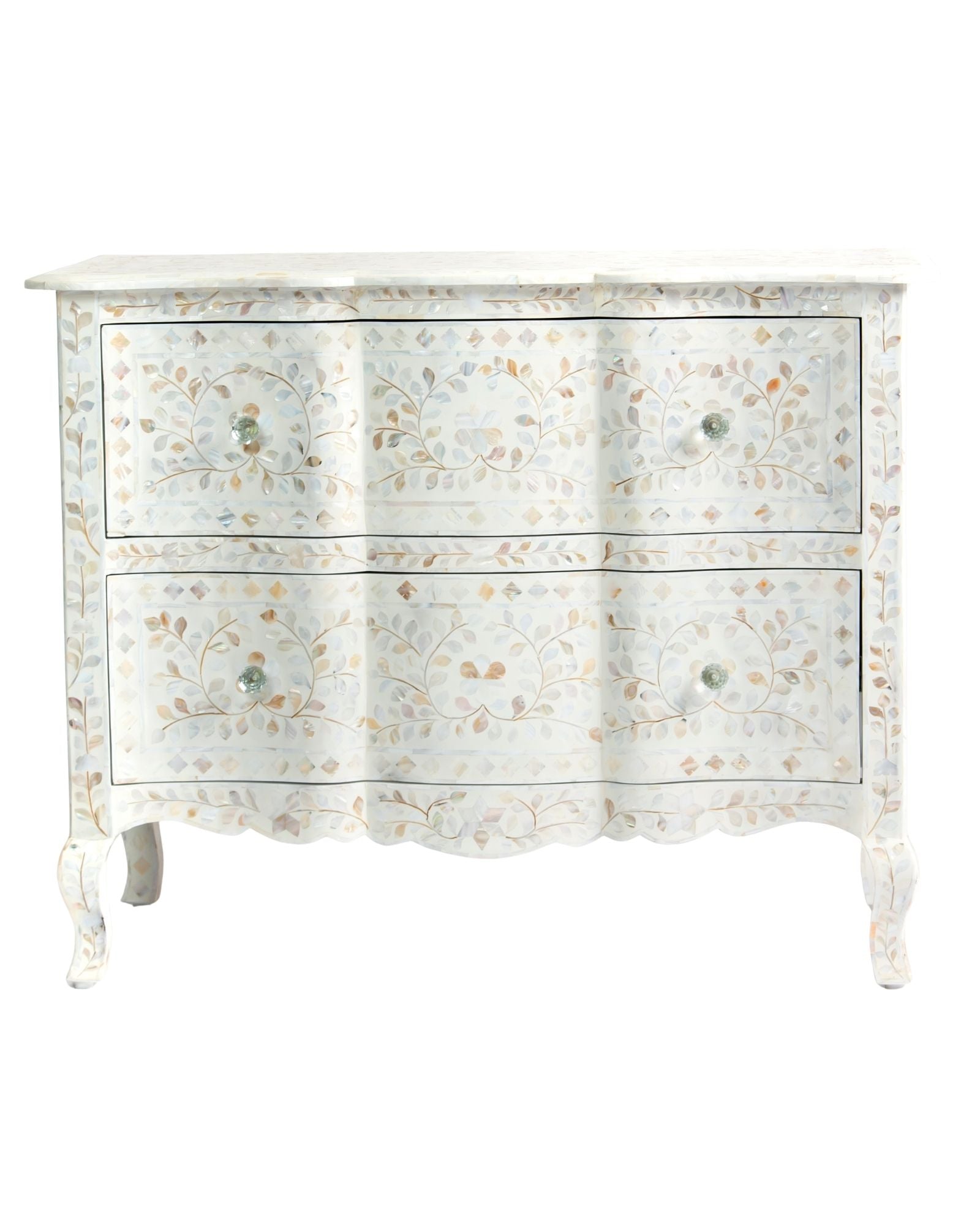 Mother of pearl inlay chest of drawers featuring intricate floral pattern in white and multitone, handcrafted furniture piece