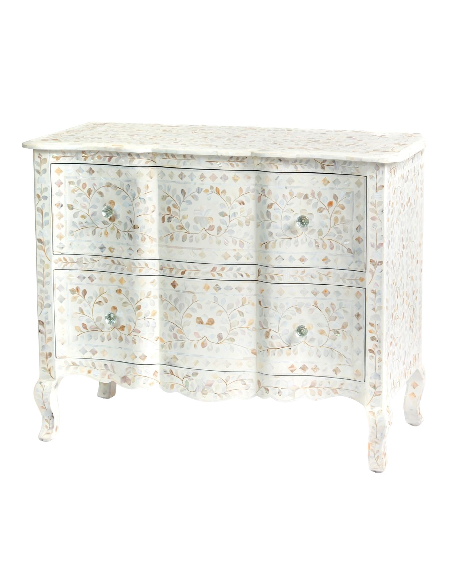 Mother of pearl inlay chest of drawers featuring intricate floral pattern in white and multitone, handcrafted furniture piece