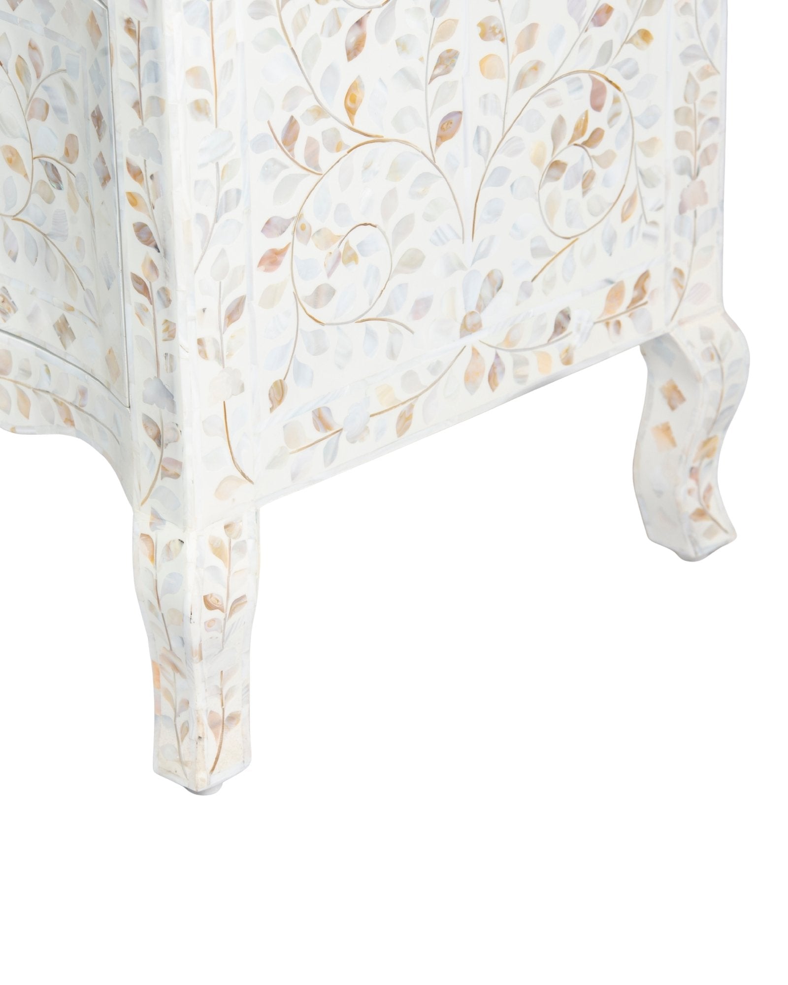Mother of pearl inlay chest of drawers featuring intricate floral pattern in white and multitone, handcrafted furniture piece