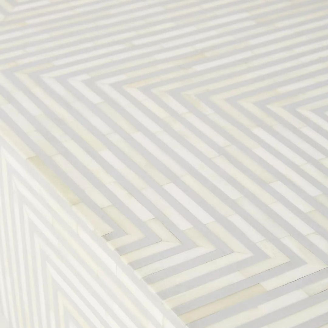 Rectangular grey striped bone inlay coffee table with a sleek design. A stylish and functional addition to modern interiors.