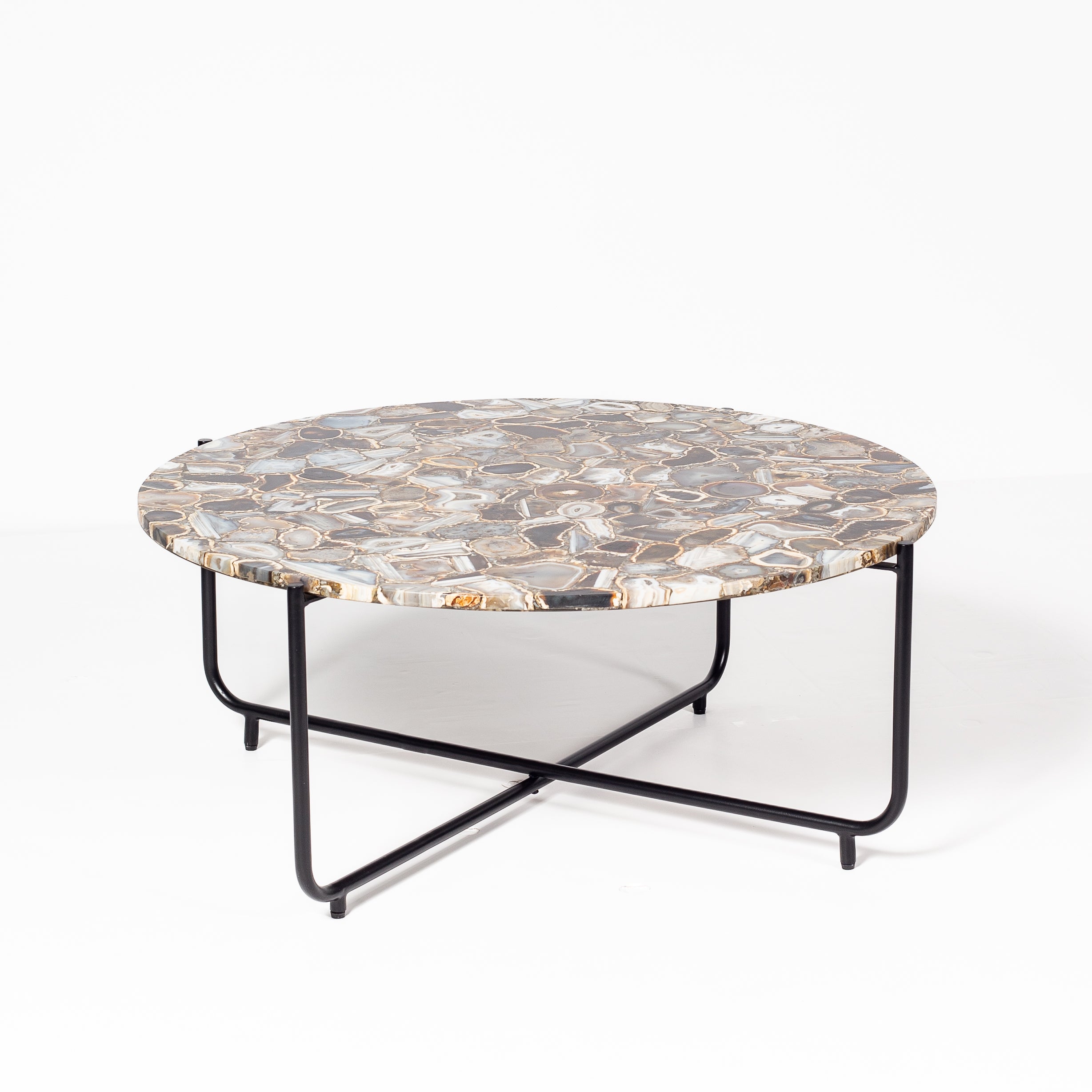 Round coffee table with genuine agate stone top and sleek black metal base, modern and luxurious centerpiece design.