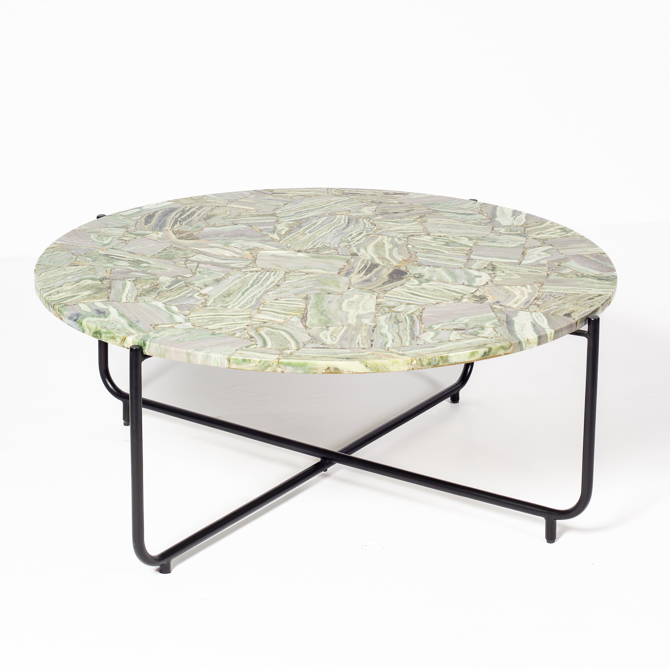 Handcrafted agate coffee table with round stone top and black metal base, artisan-made heritage piece.