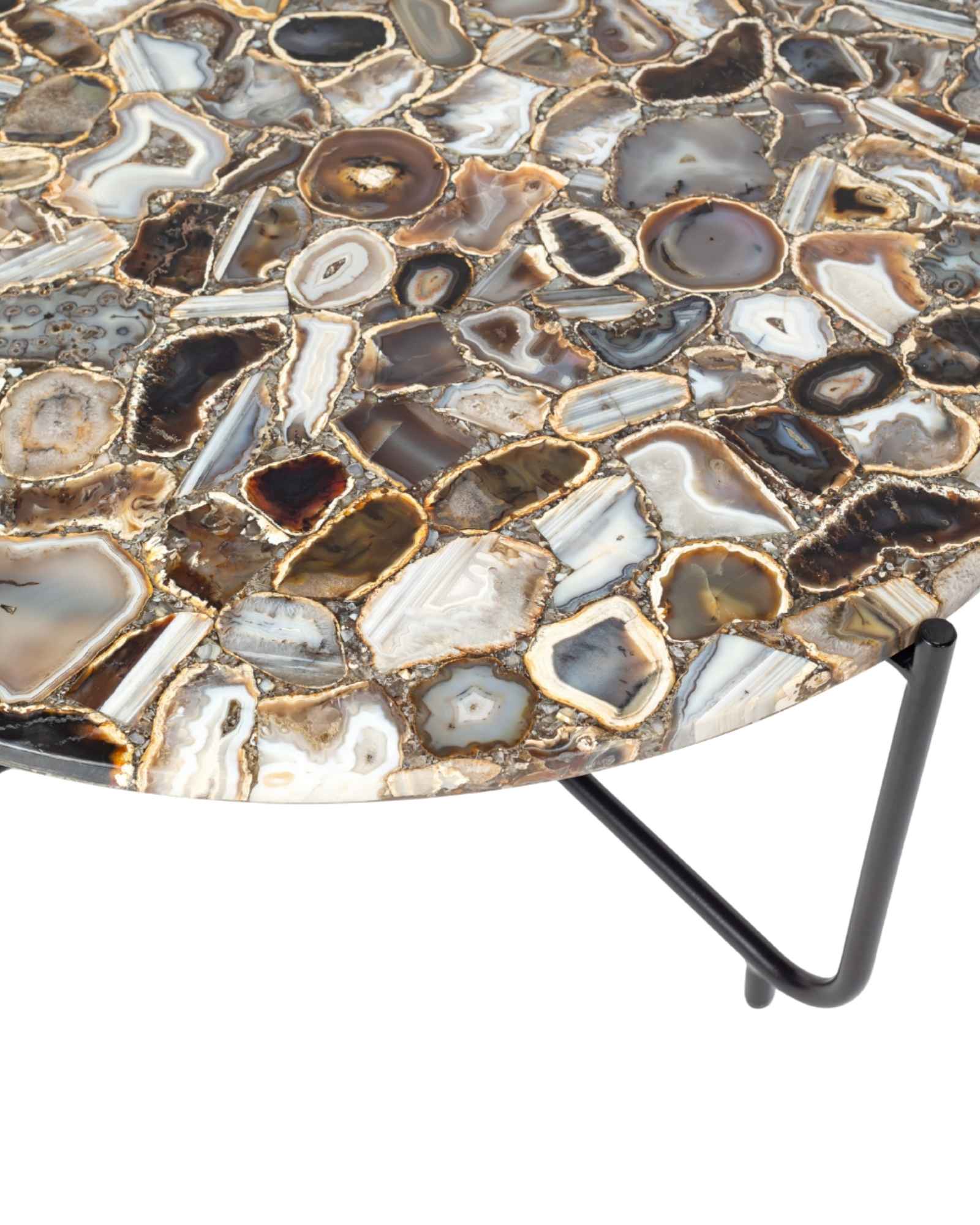 Round coffee table with genuine agate stone top and sleek black metal base, modern and luxurious centerpiece design.
