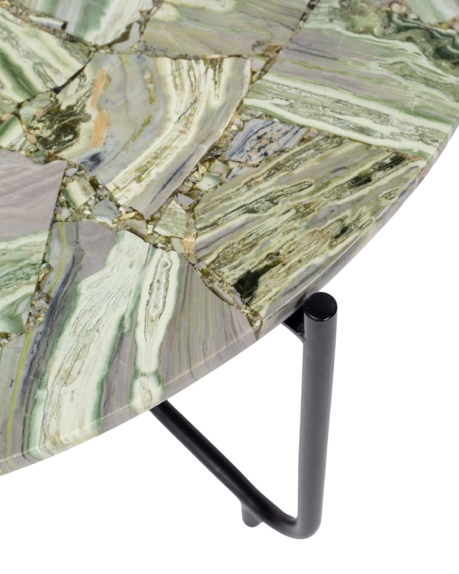 Handcrafted agate coffee table with round stone top and black metal base, artisan-made heritage piece.