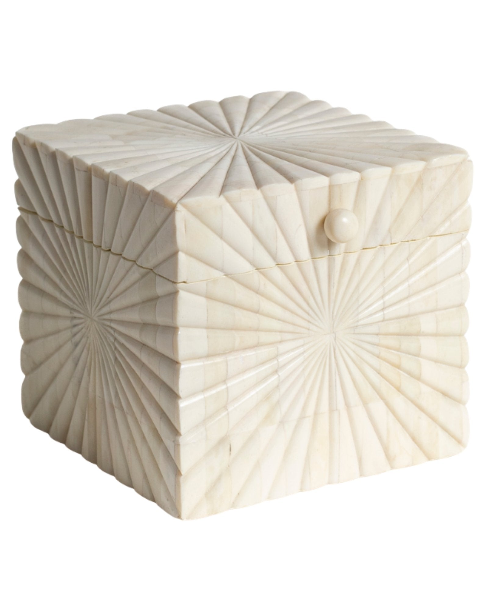 Hand carved bone decorative box with radial geometric pattern, handcrafted storage box in natural ivory finish.