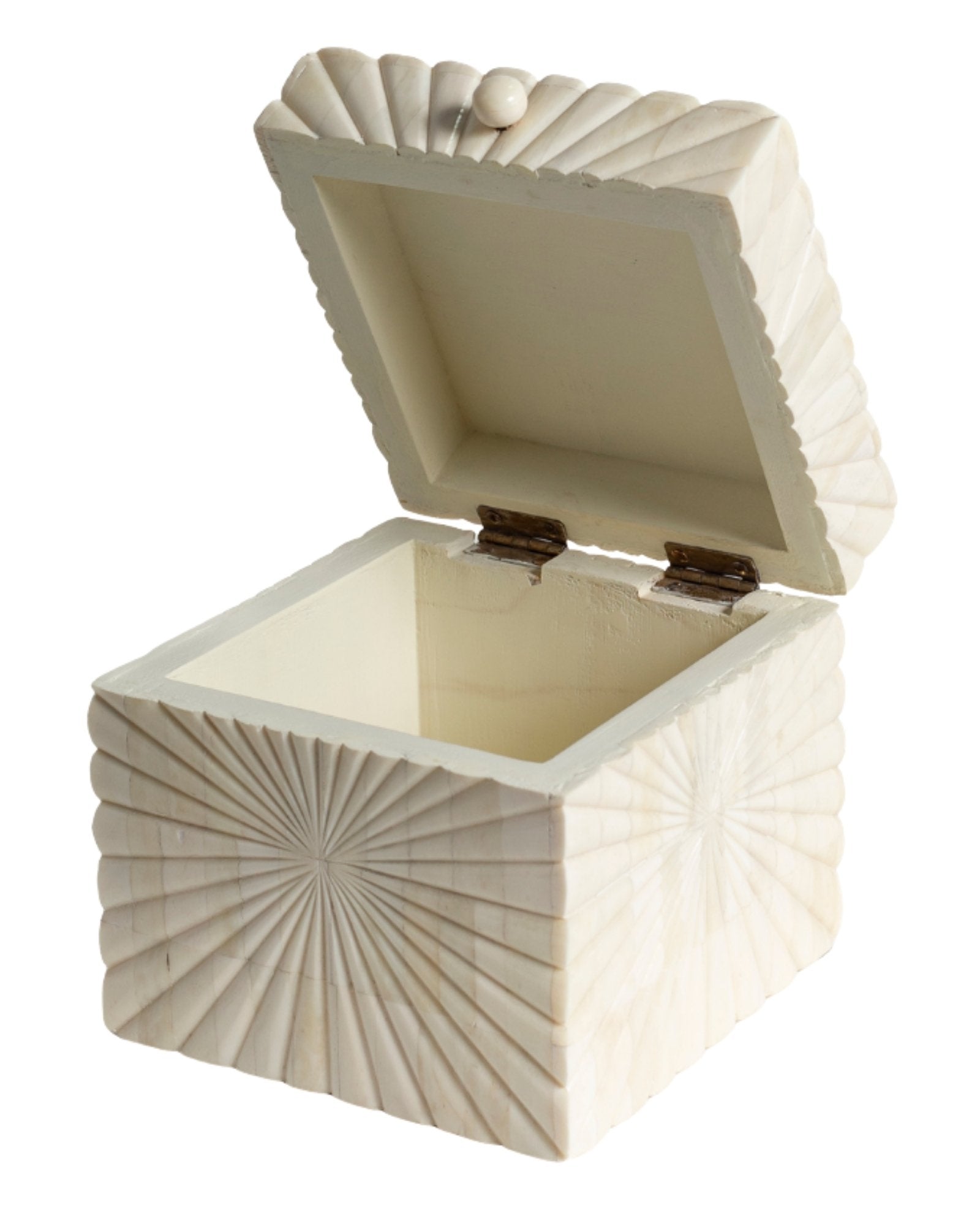 Hand carved bone decorative box with radial geometric pattern, handcrafted storage box in natural ivory finish.