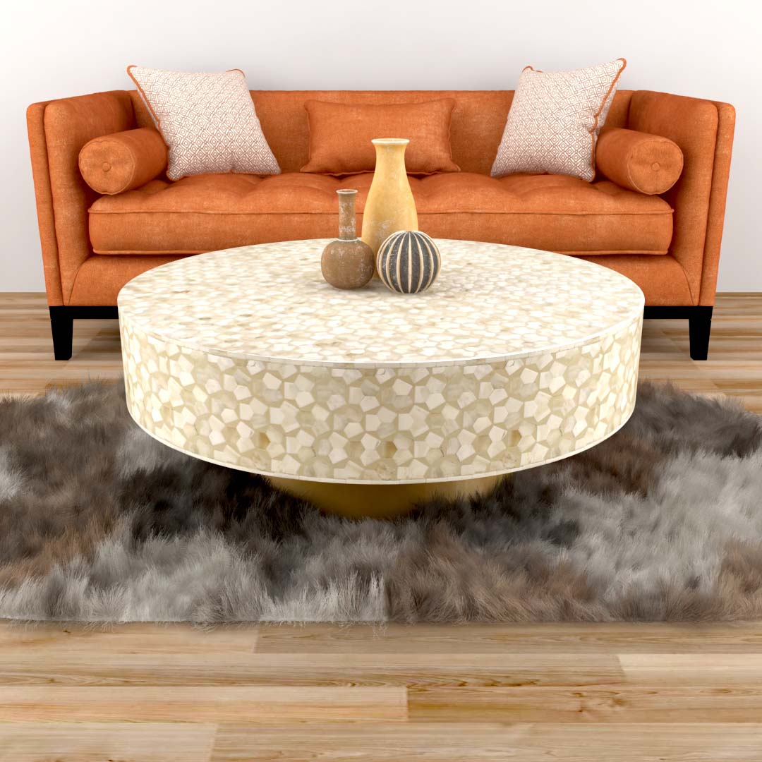 Round cream bone inlay coffee table with mosaic pattern and a gold base. Available in two size variants for versatile use.