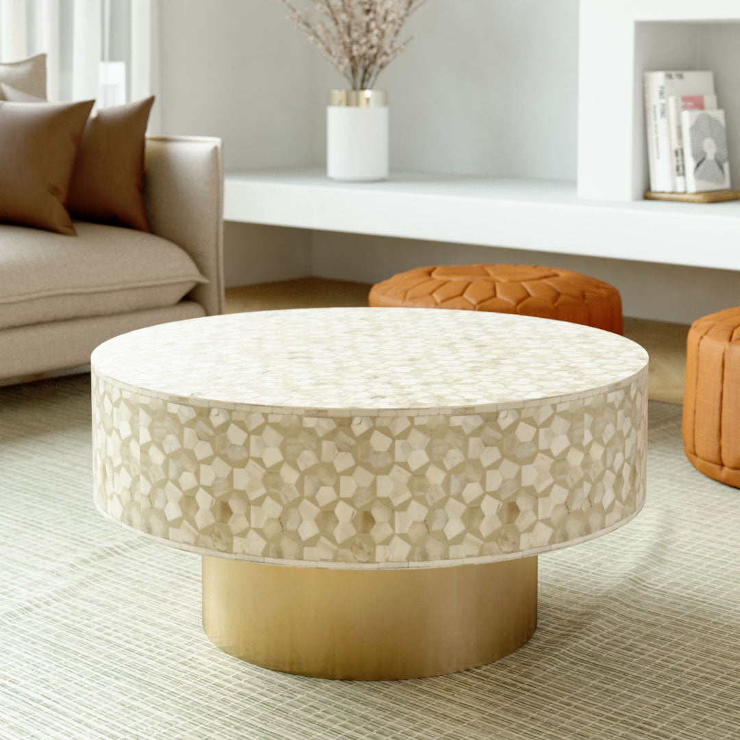 Round cream bone inlay coffee table with mosaic pattern and a gold base. Available in two size variants for versatile use.