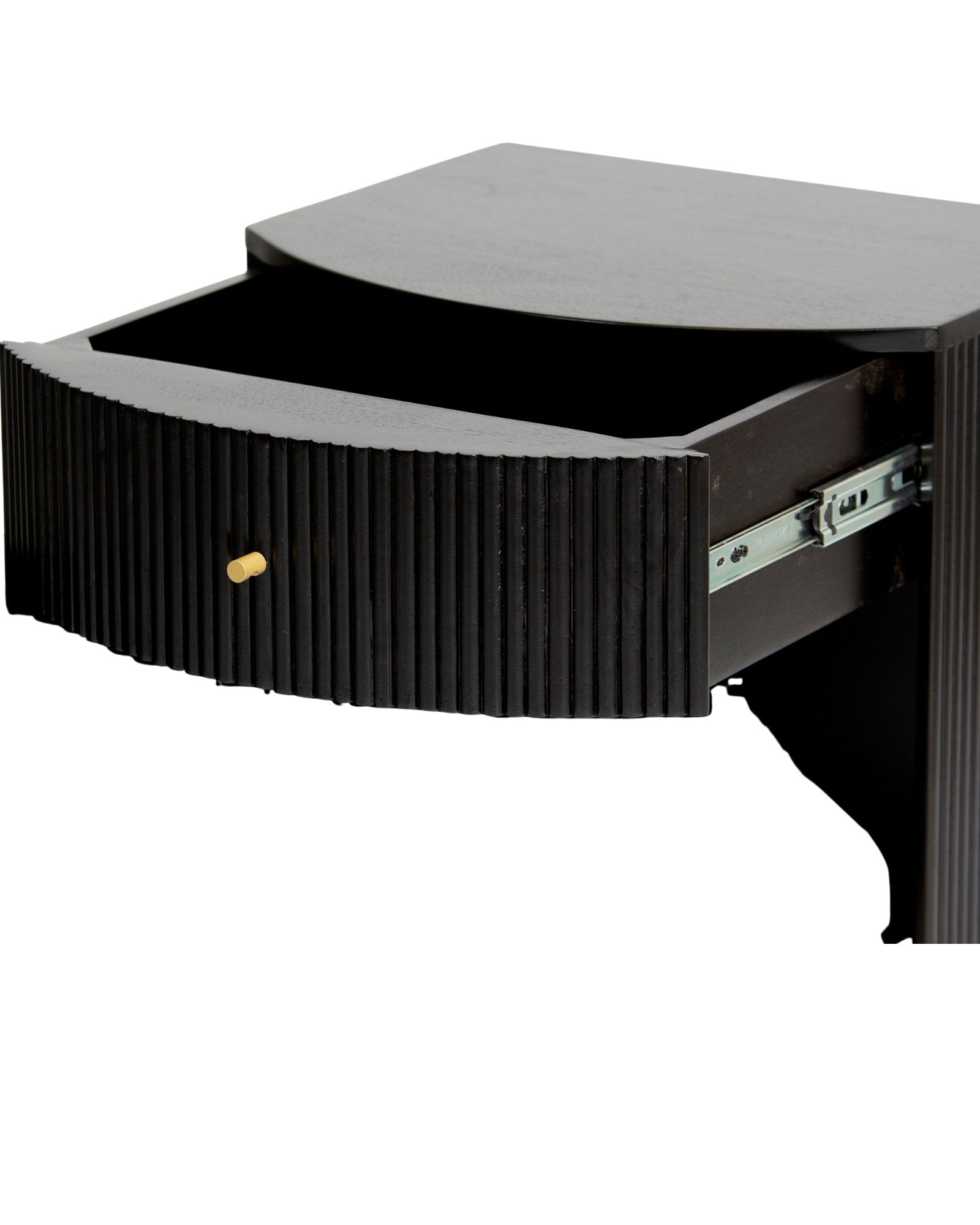 Wooden side drawer featuring fluted texture in black with brass accents, handcrafted furniture piece.