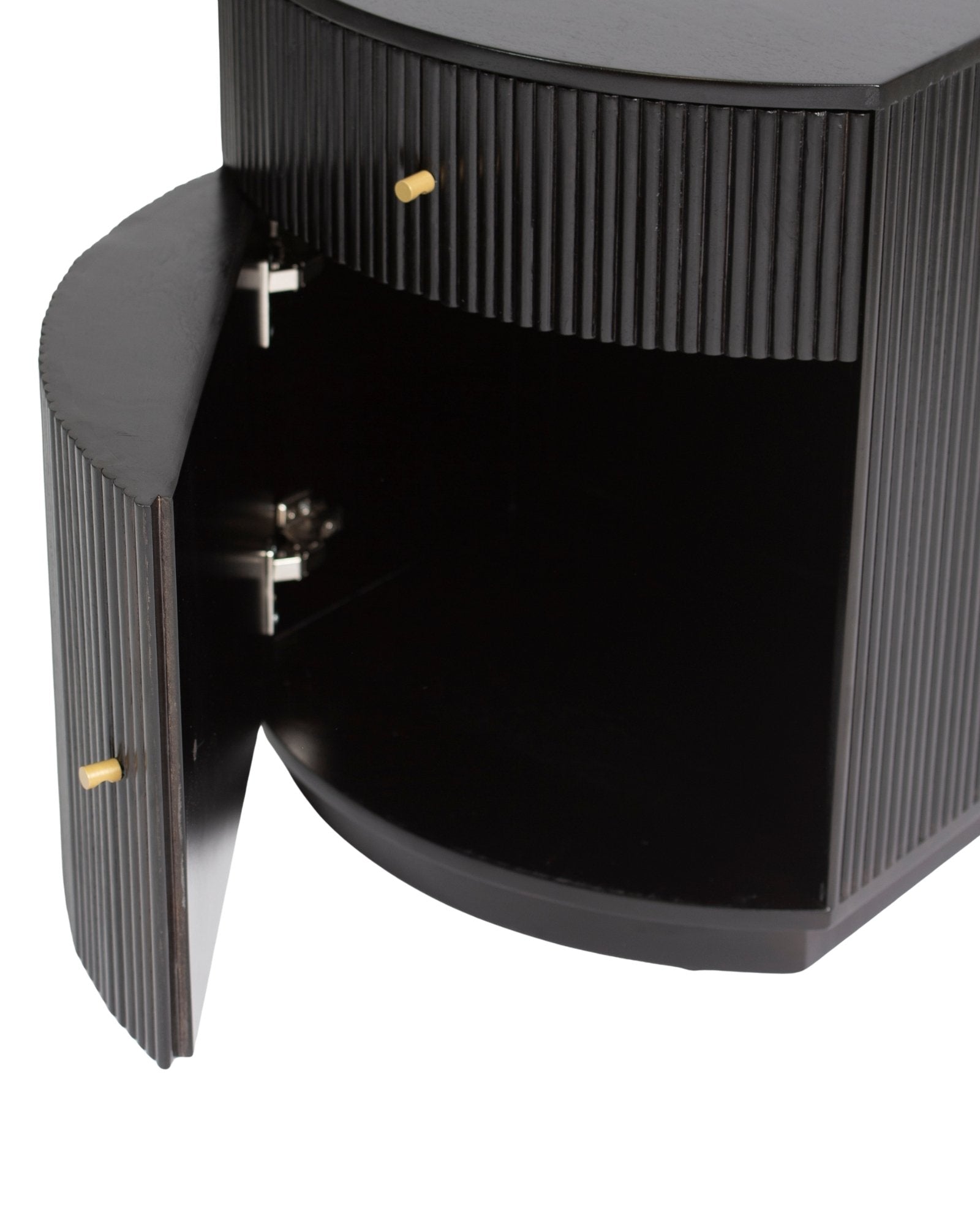 Wooden side drawer featuring fluted texture in black with brass accents, handcrafted furniture piece.