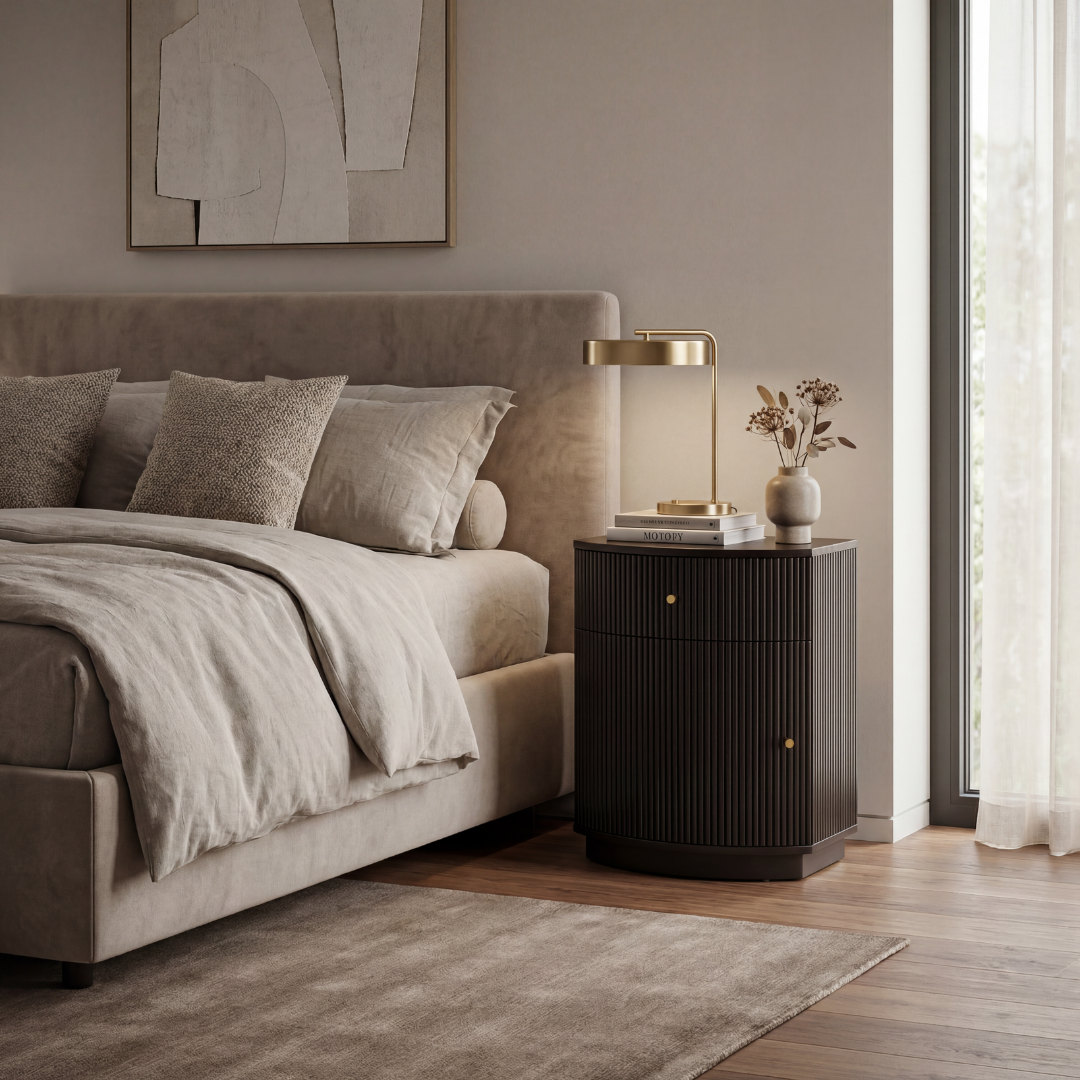 Wooden side drawer featuring fluted texture in black with brass accents, handcrafted furniture piece