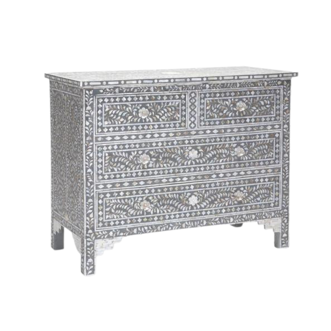 Featuring a Grey Mother of Pearl Inlay Chest of Drawer in floral pattern, the Iris collection enhances your space with intricately handcrafted designs that elevate your home and living aesthetics.