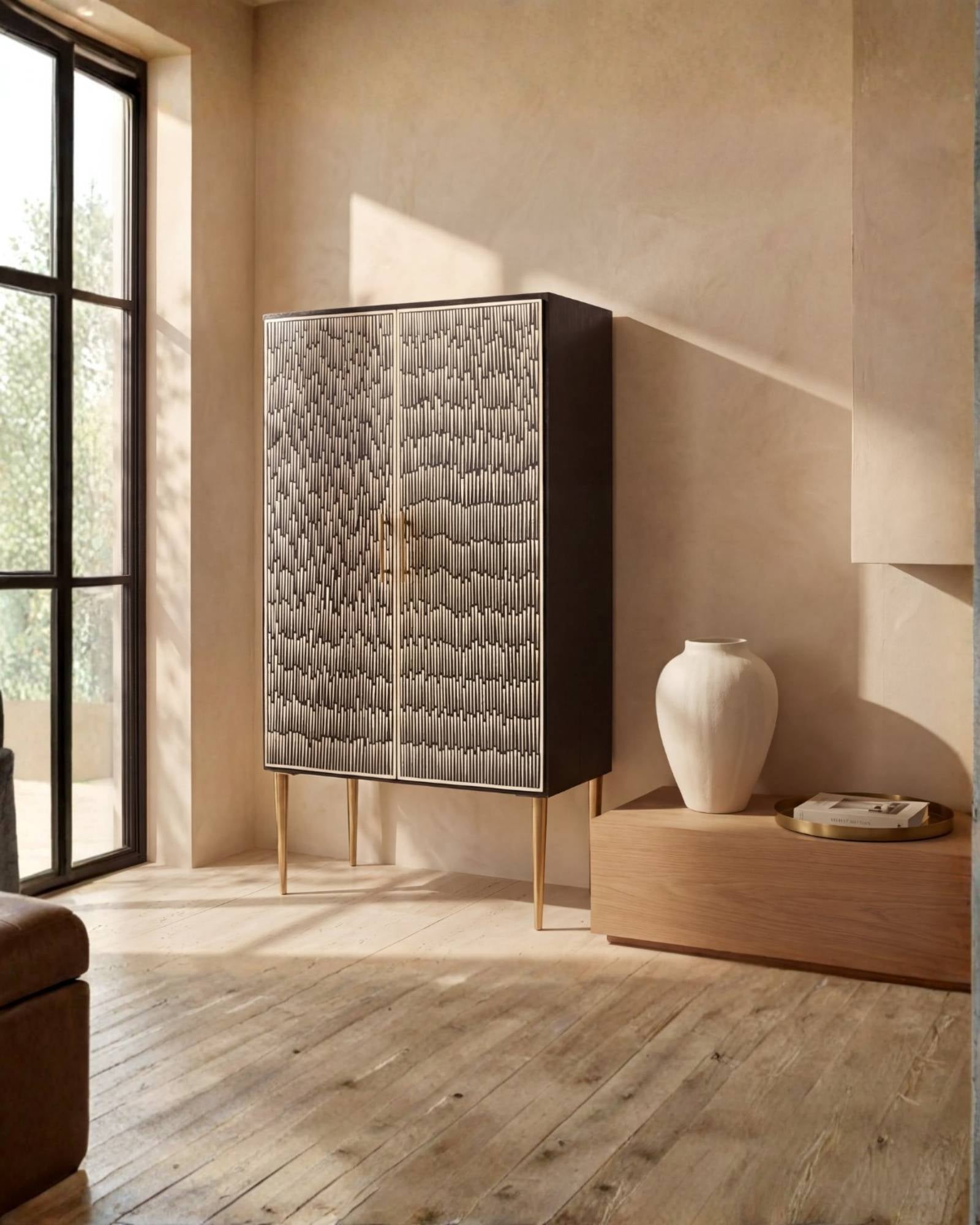 Elnaz Bar Cabinet - Black & White Bone Inlay by Tabeer Homes