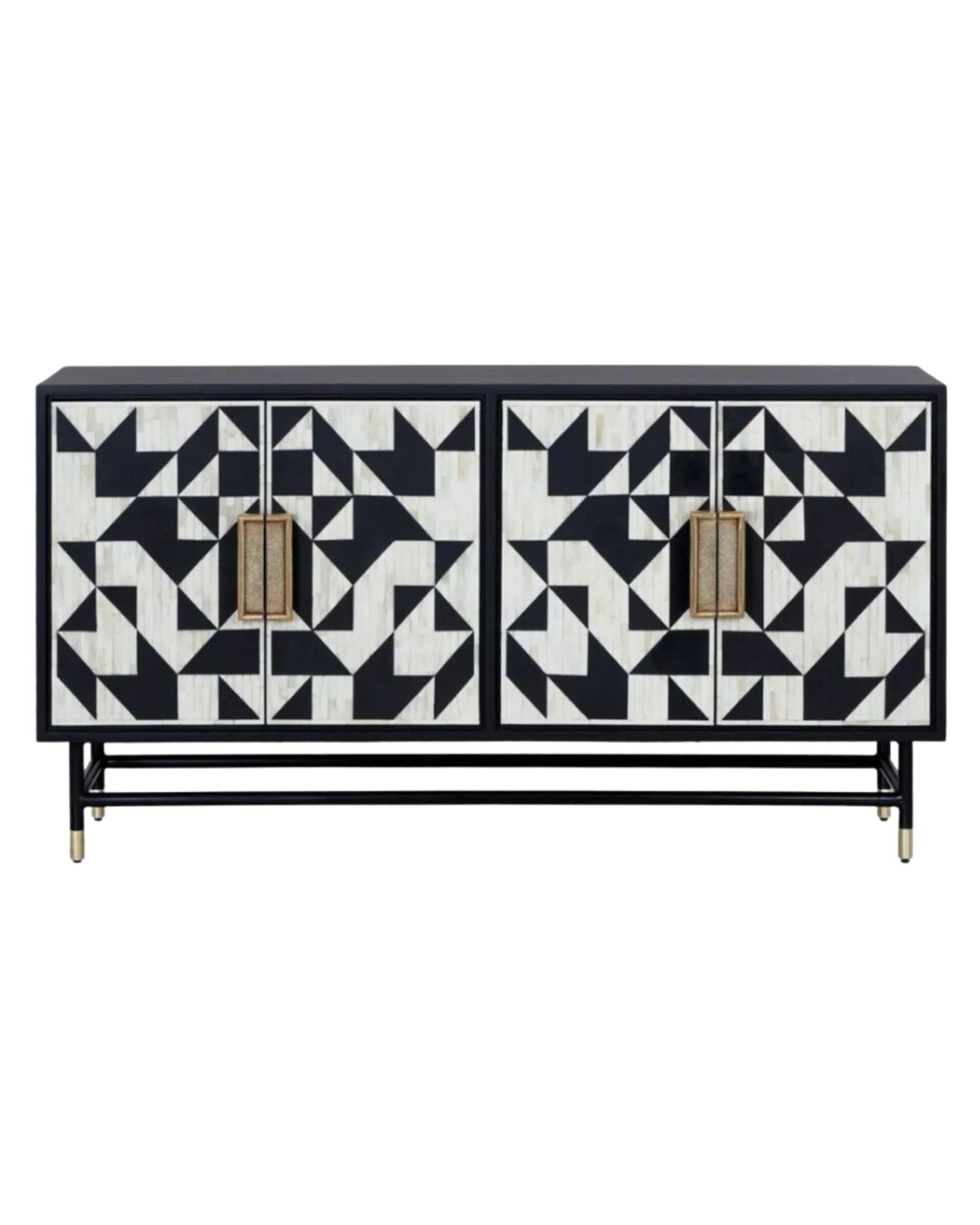 Elegant black bone inlay cabinet with geometric patterns, gold handles, and slim legs, perfect for a statement living space.
