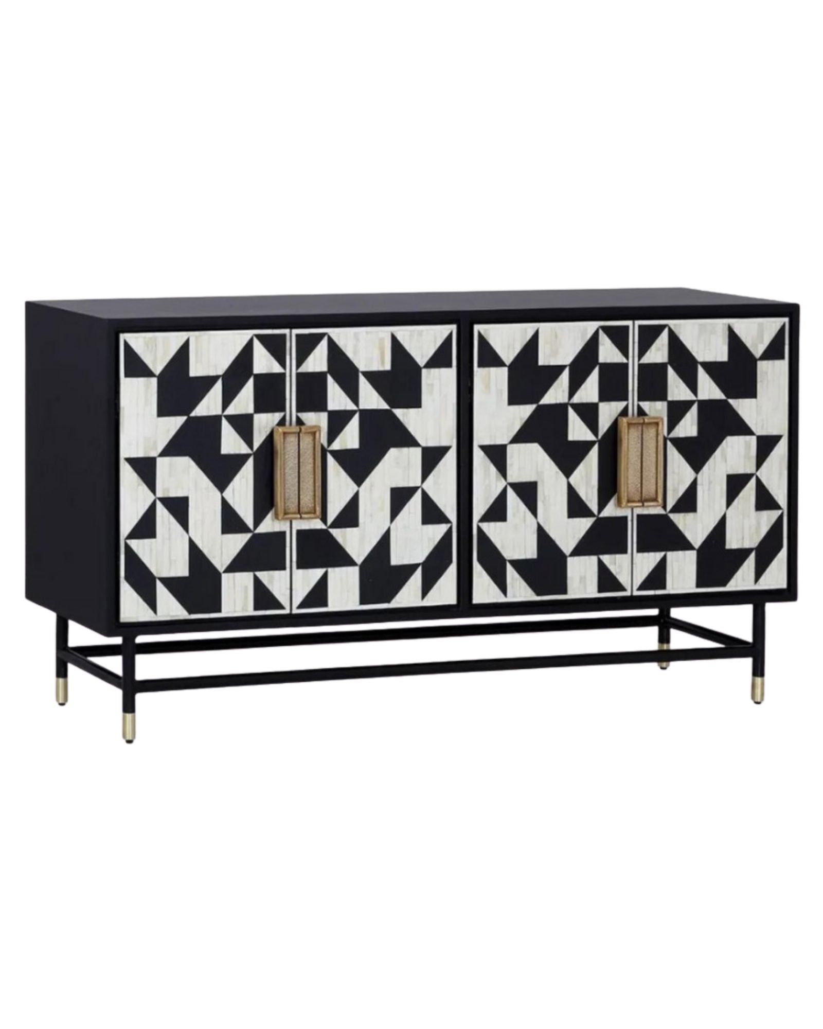 Elegant black bone inlay cabinet with geometric patterns, gold handles, and slim legs, perfect for a statement living space.