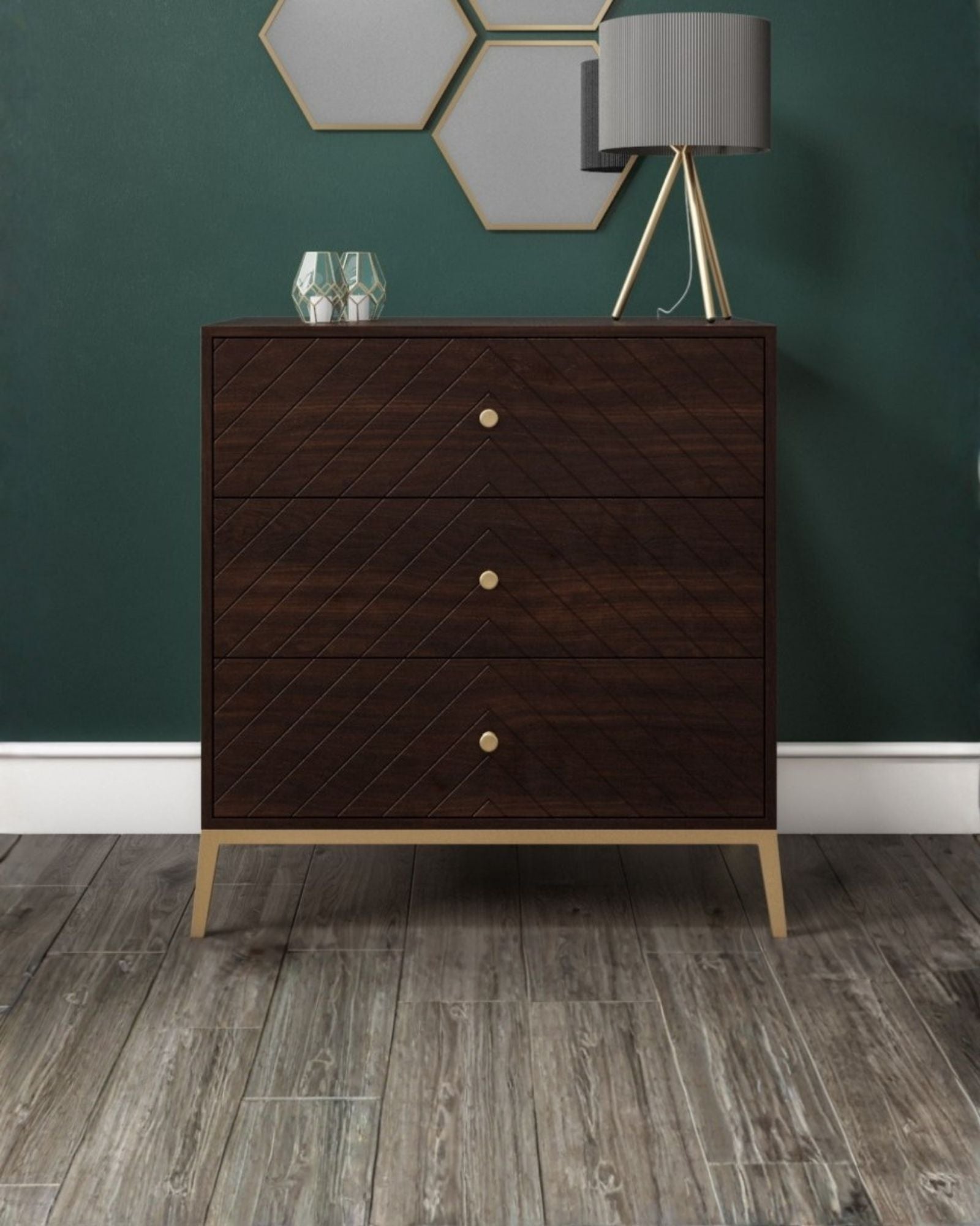 Wooden chest of drawers featuring chevron pattern in brown with brass accents, handcrafted furniture piece.