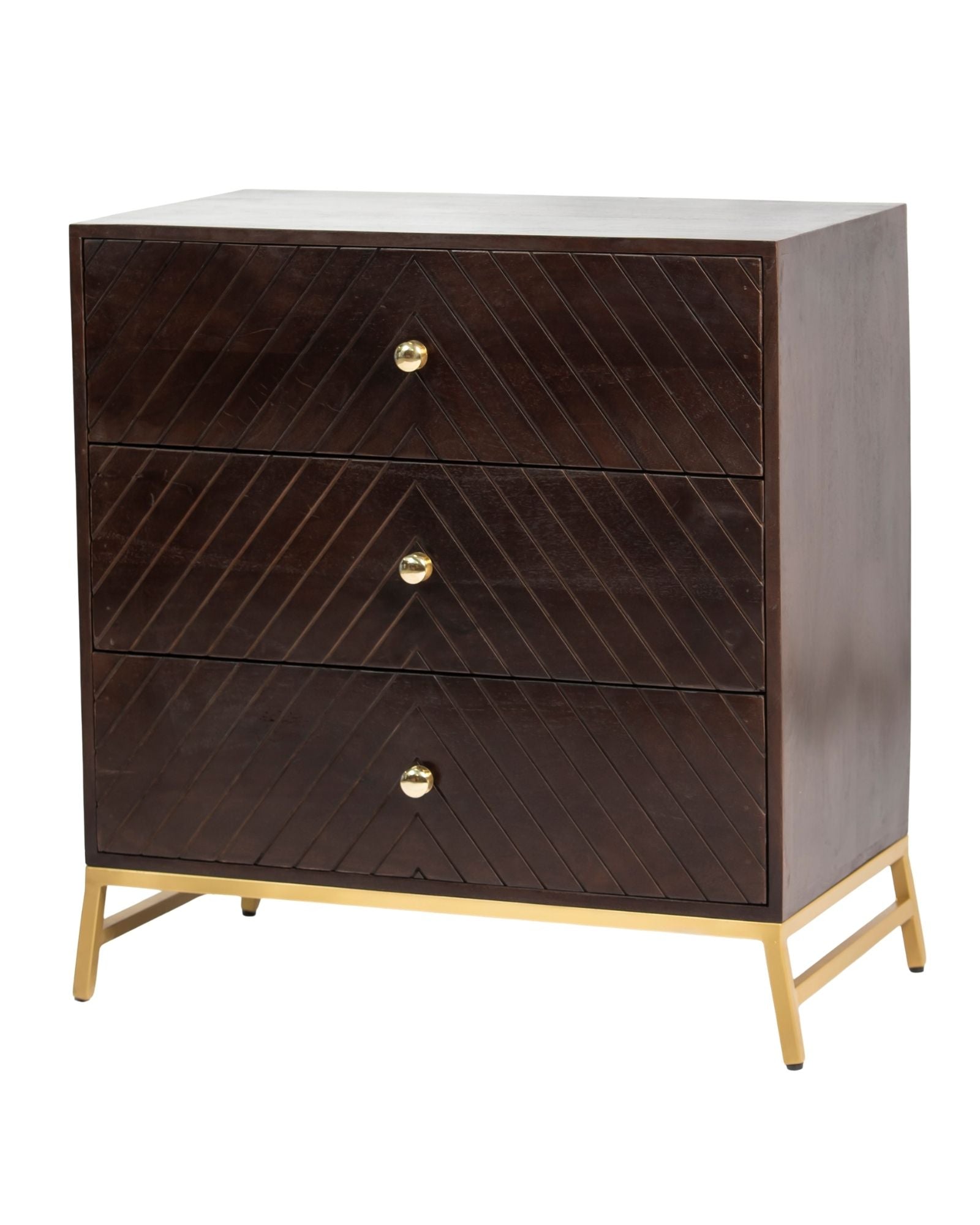 Wooden chest of drawers featuring chevron pattern in brown with brass accents, handcrafted furniture piece.