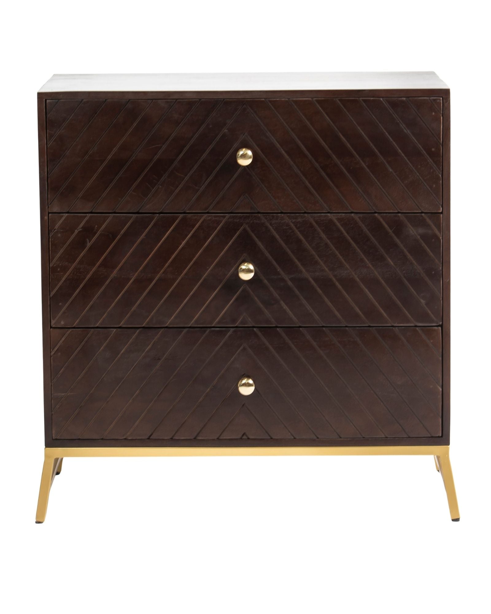 Wooden chest of drawers featuring chevron pattern in brown with brass accents, handcrafted furniture piece.