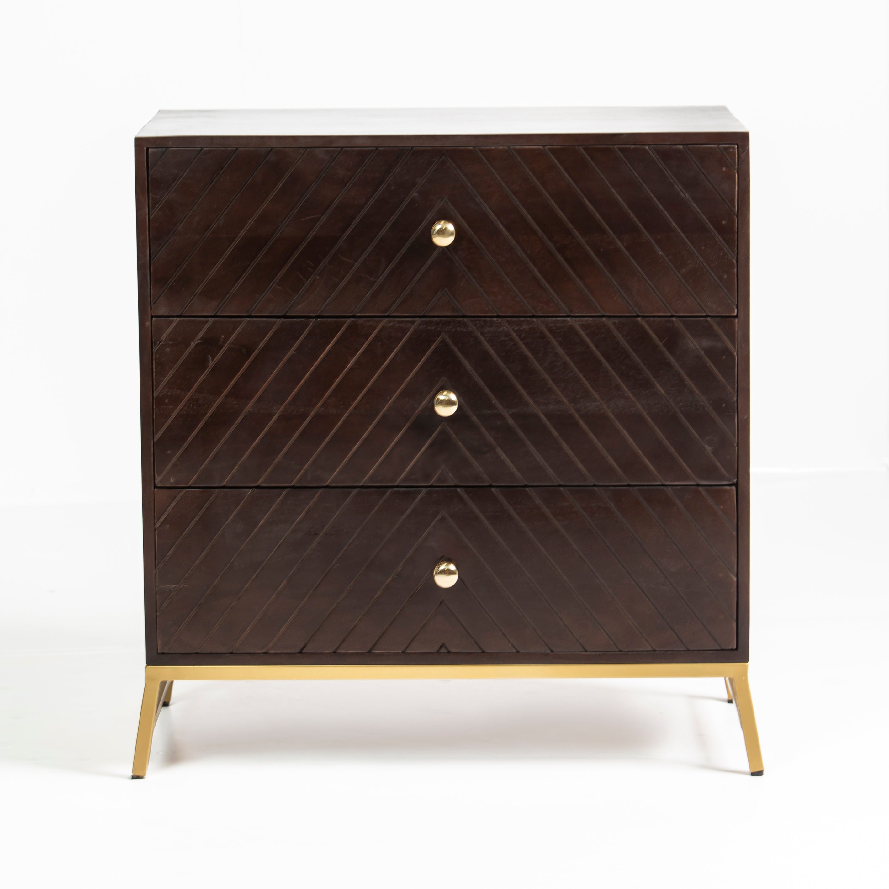 Wooden chest of drawers featuring chevron pattern in brown with brass accents, handcrafted furniture piece