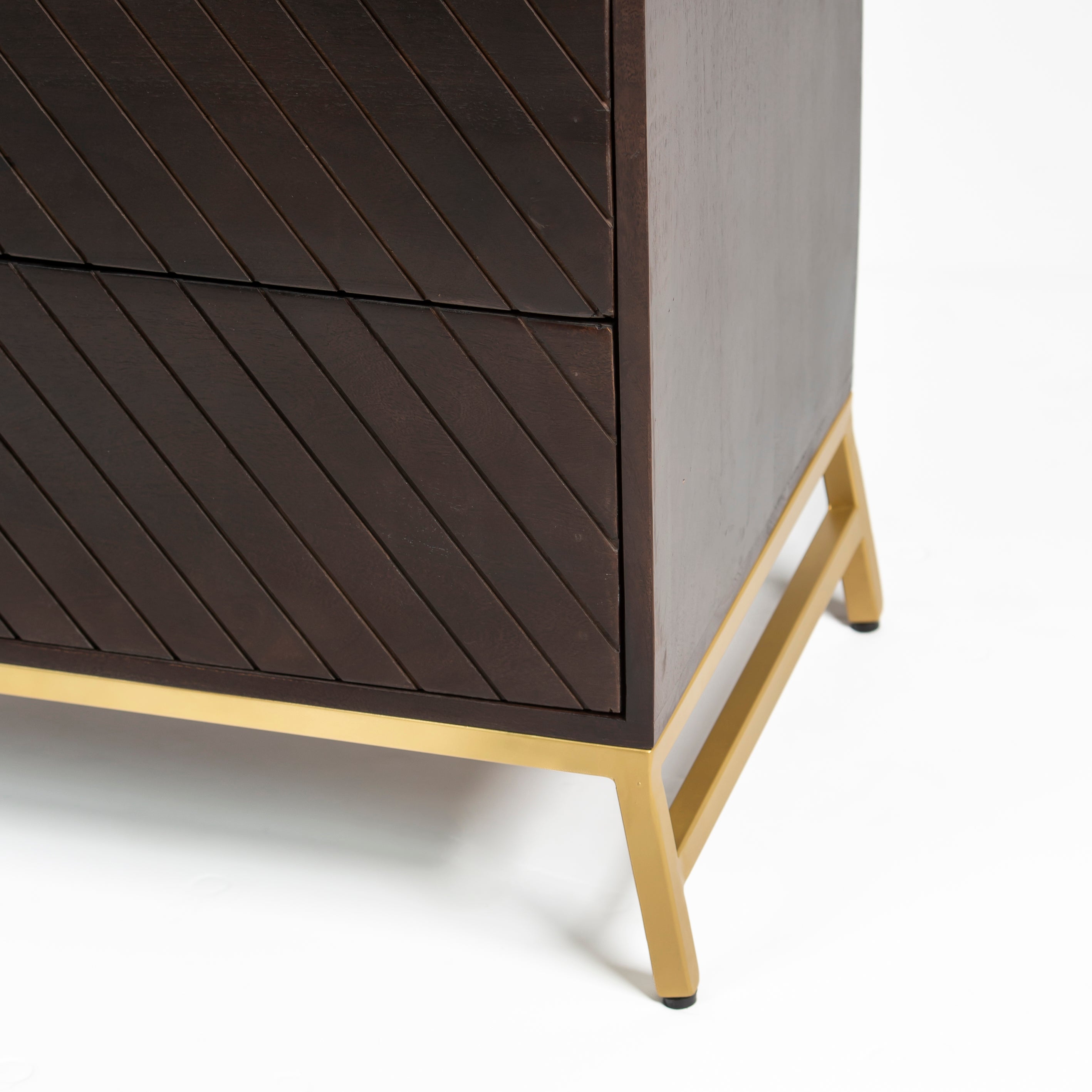 Wooden chest of drawers featuring chevron pattern in brown with brass accents, handcrafted furniture piece