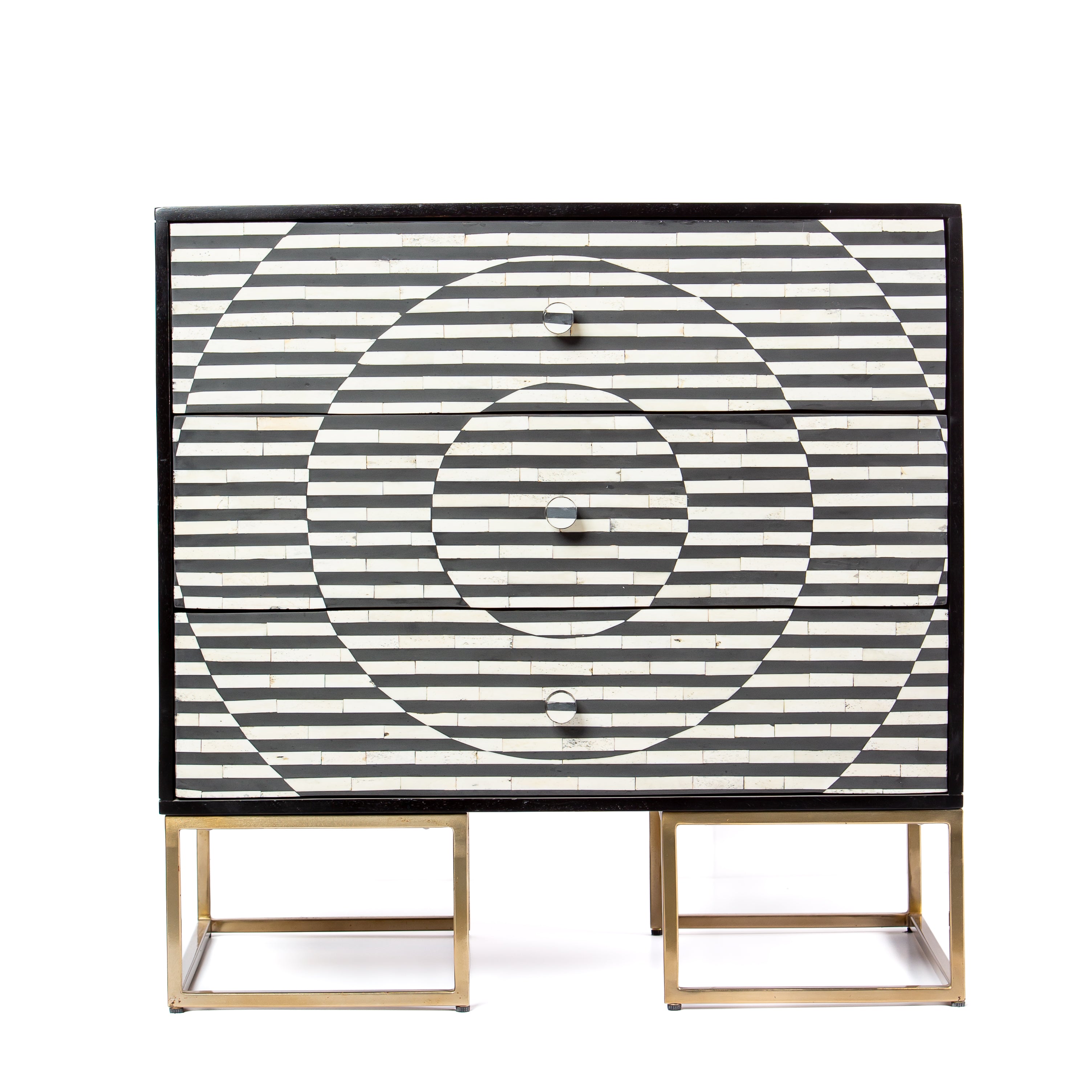 Black and white geometric bone inlay chest of drawers with gold base