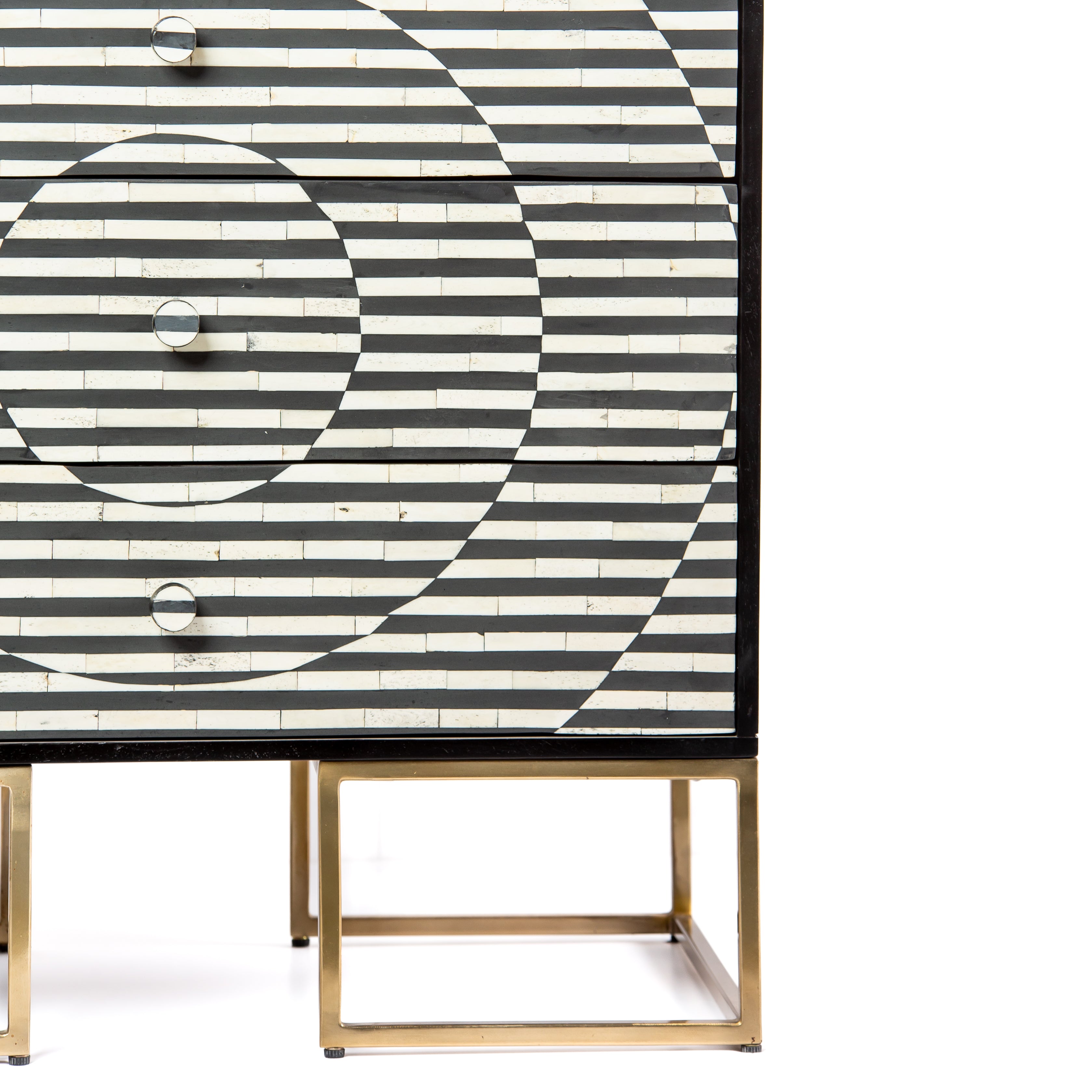 Black and white geometric bone inlay chest of drawers with gold base