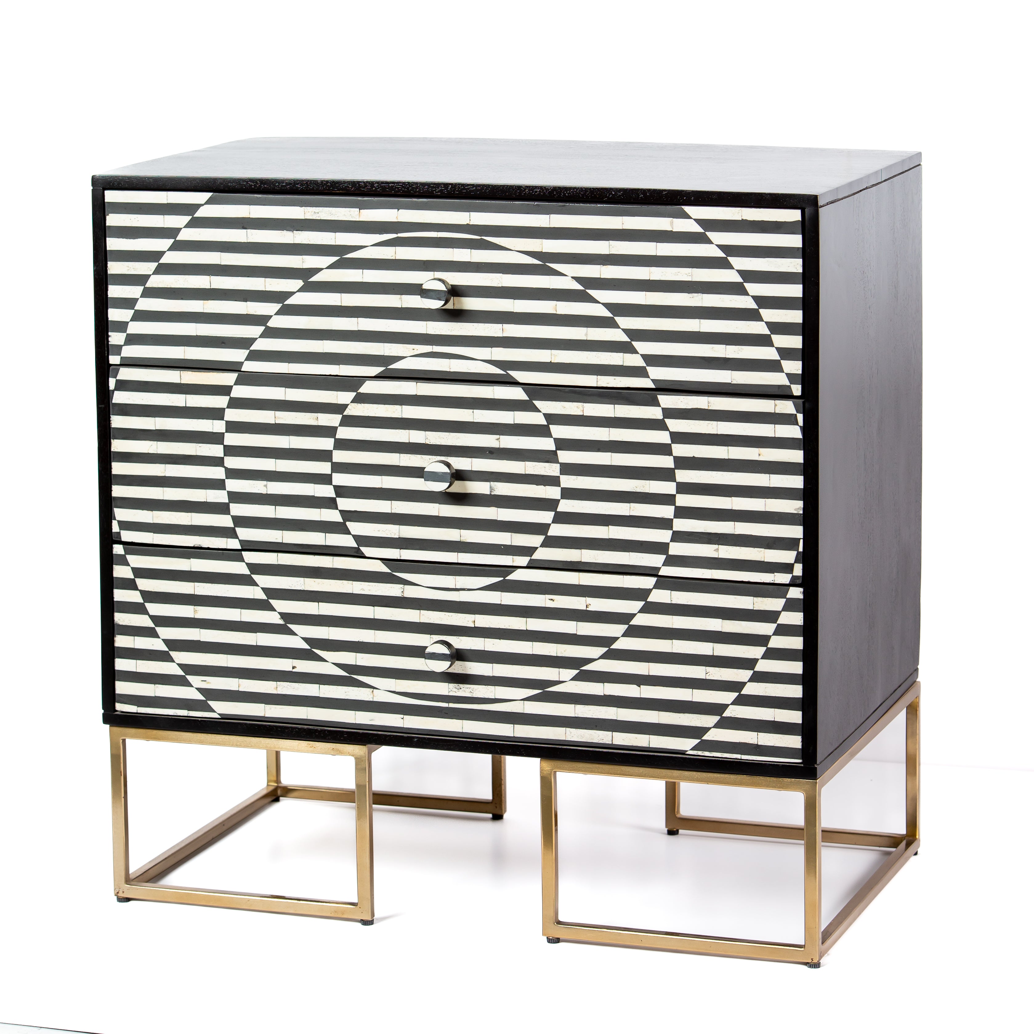 Black and white geometric bone inlay chest of drawers with gold base