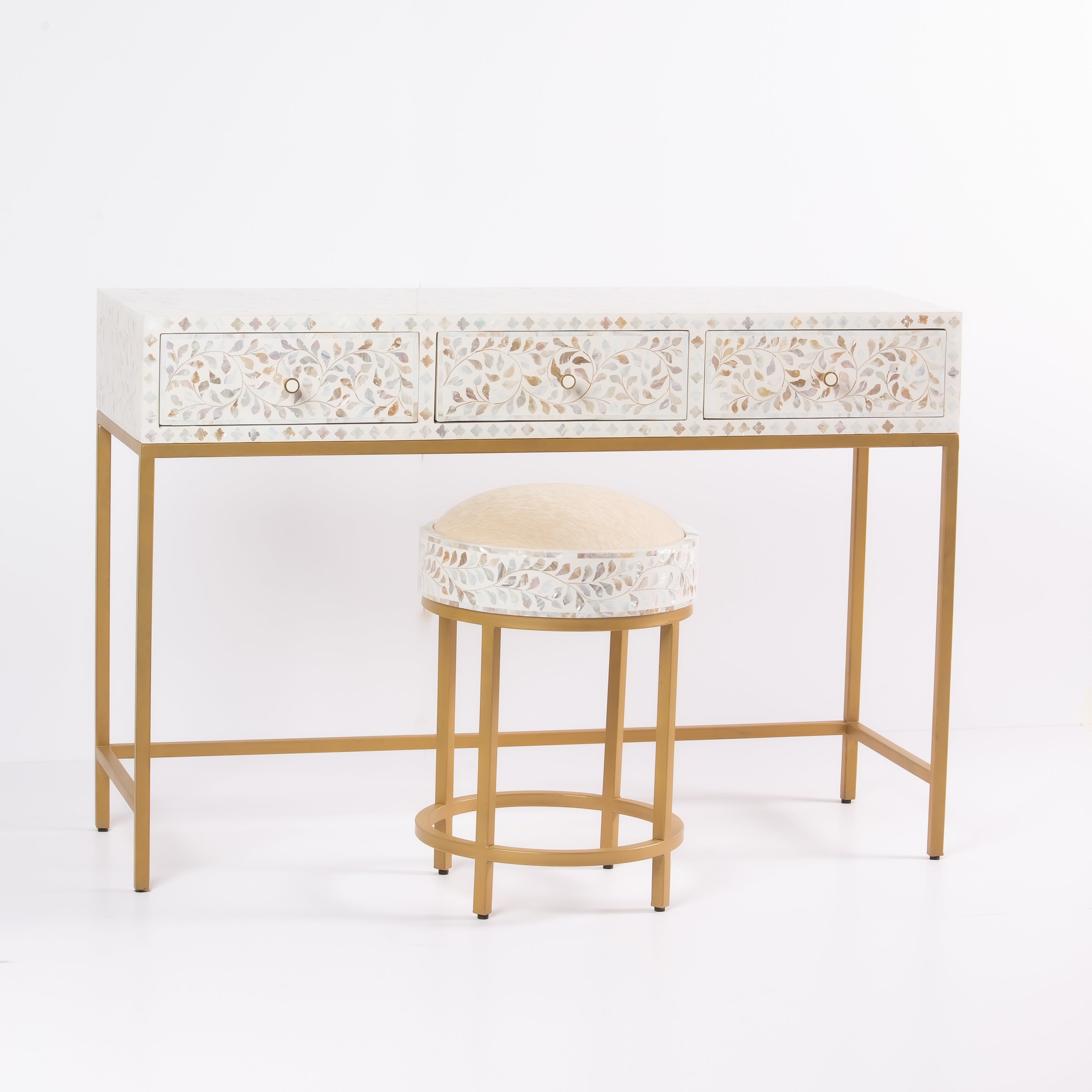 Iris Dresser Console & Stool - White Mother of Pearl Inlay