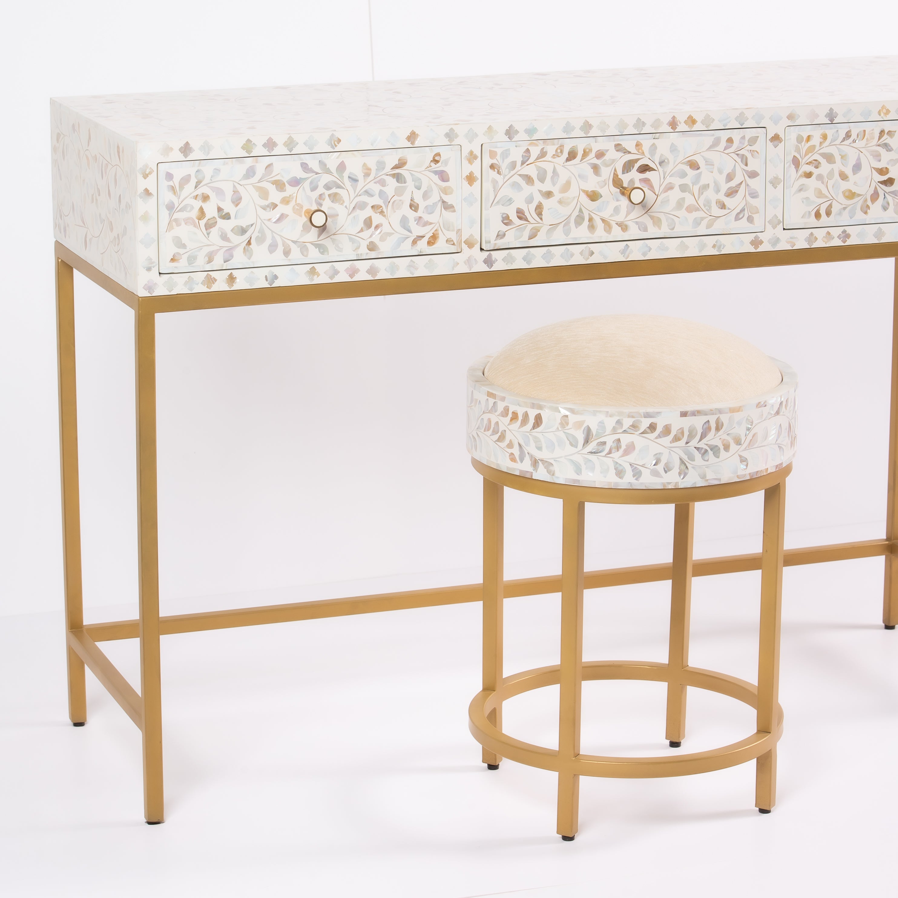 Iris Dresser Console & Stool - White Mother of Pearl Inlay
