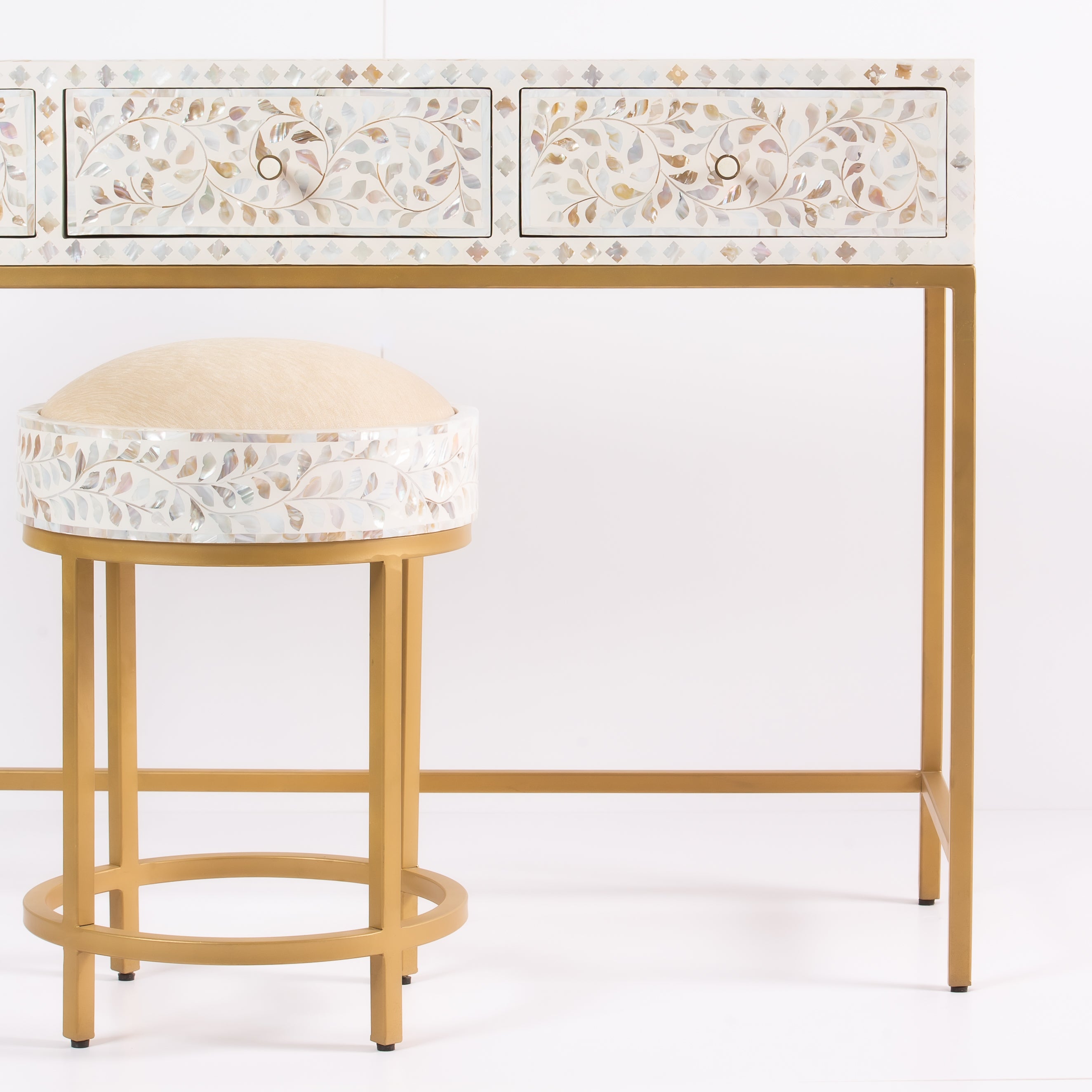 Iris Dresser Console & Stool - White Mother of Pearl Inlay