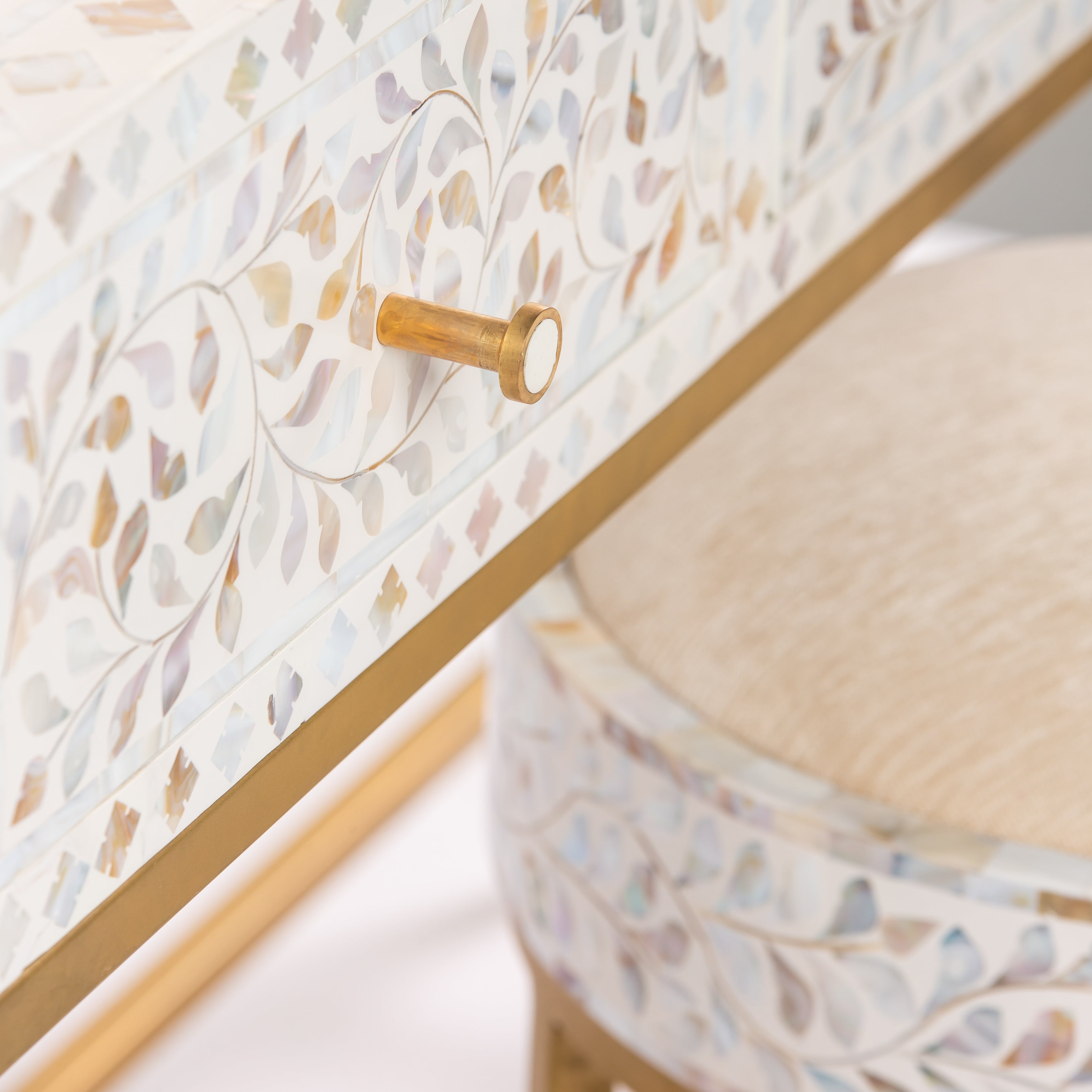 Iris Dresser Console & Stool - White Mother of Pearl Inlay