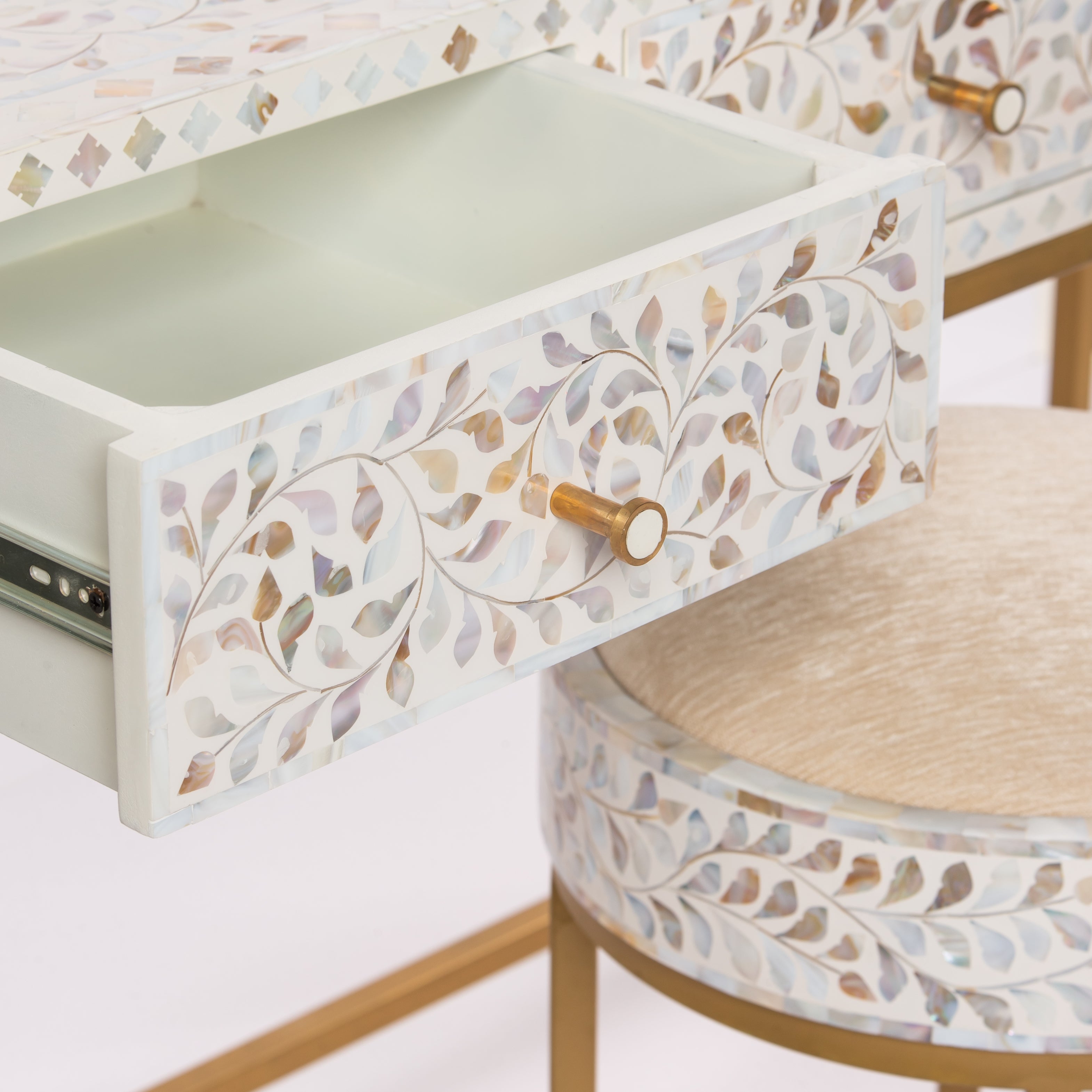 Iris Dresser Console & Stool - White Mother of Pearl Inlay