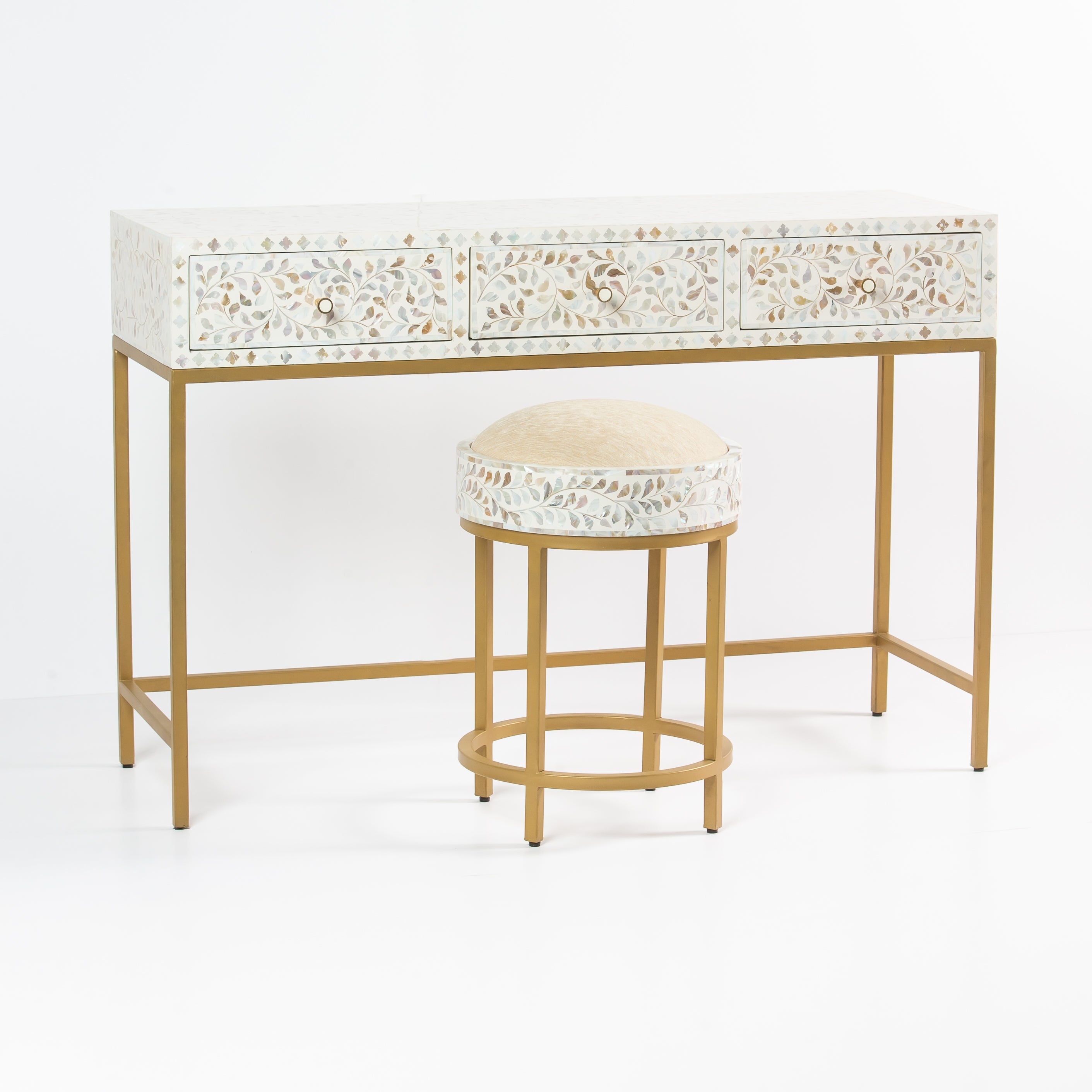 Iris Dresser Console & Stool - White Mother of Pearl Inlay