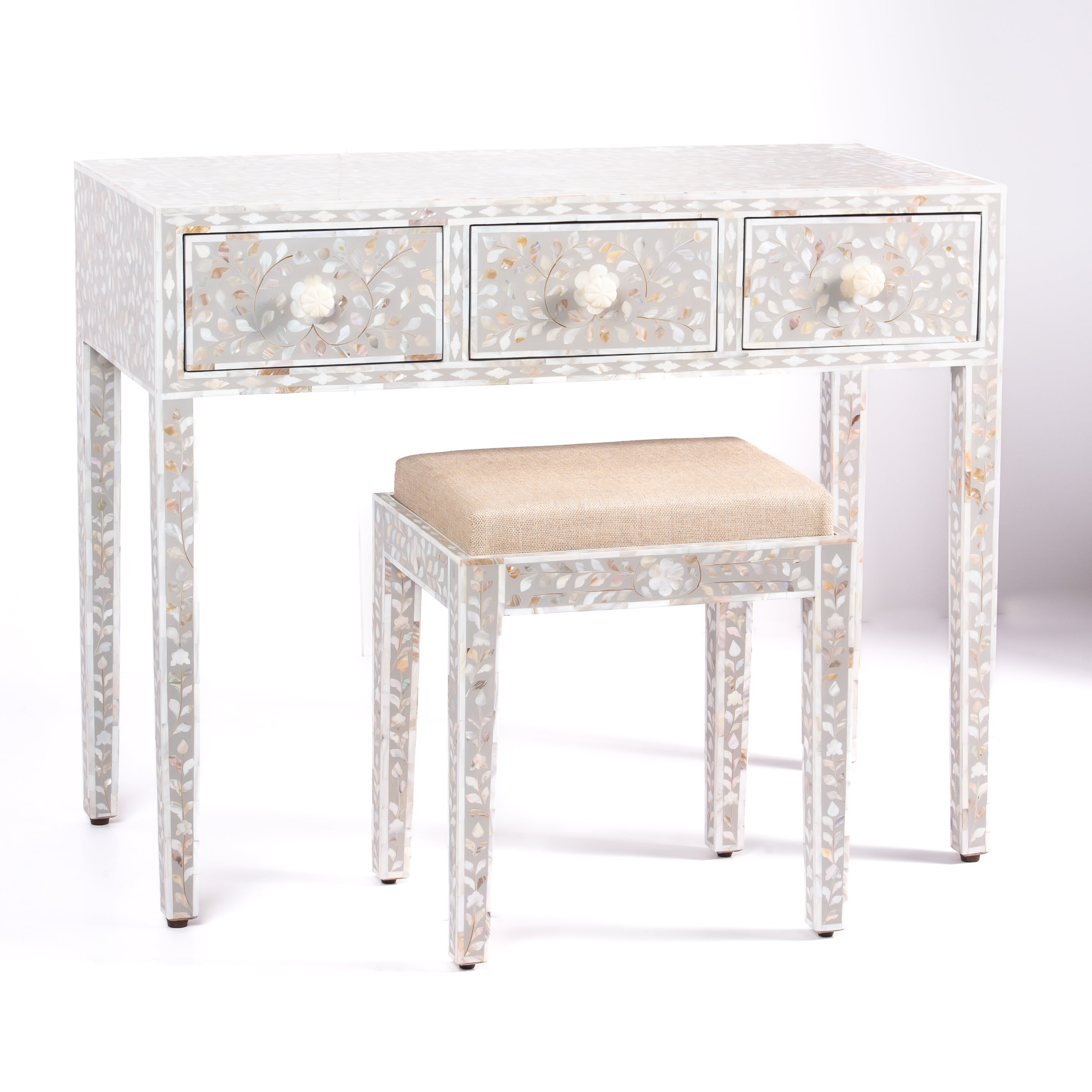 Iris Dresser Console & Stool - Pale Grey Mother of Pearl