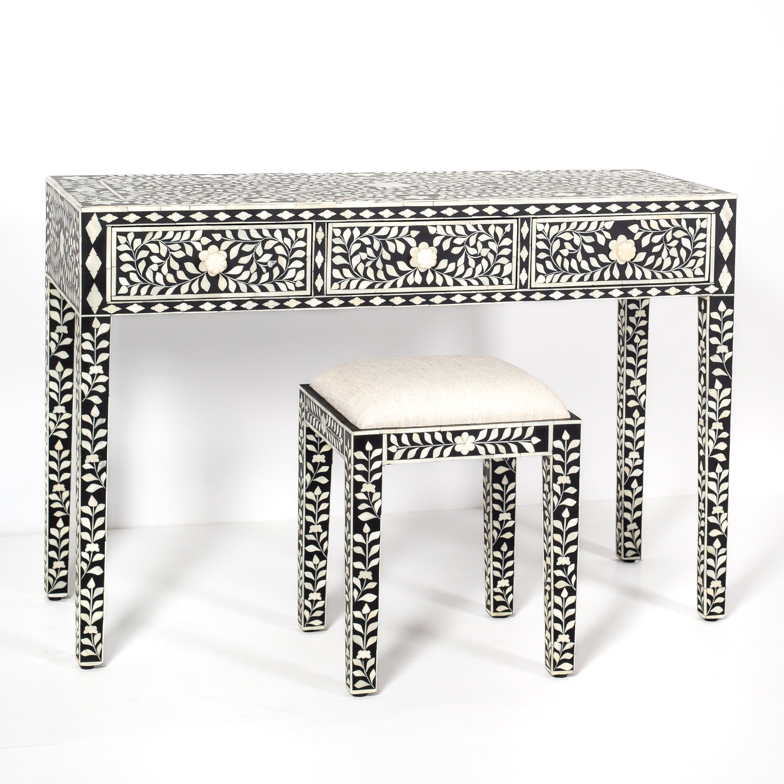 Handcrafted black bone inlay console table on mango wood, artisan-made heirloom by Tabeer Homes furniture.