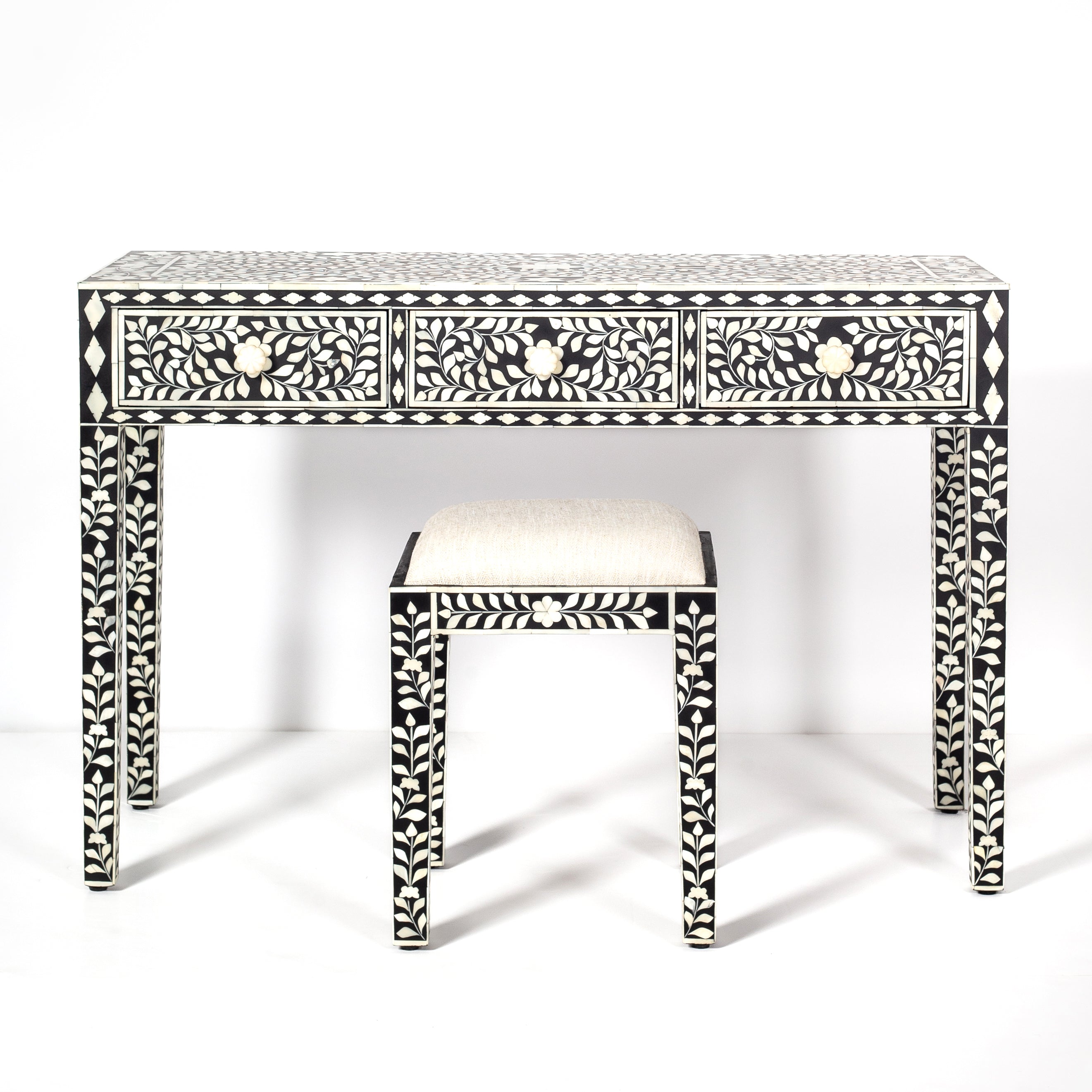 Handcrafted black bone inlay console table on mango wood, artisan-made heirloom by Tabeer Homes furniture.