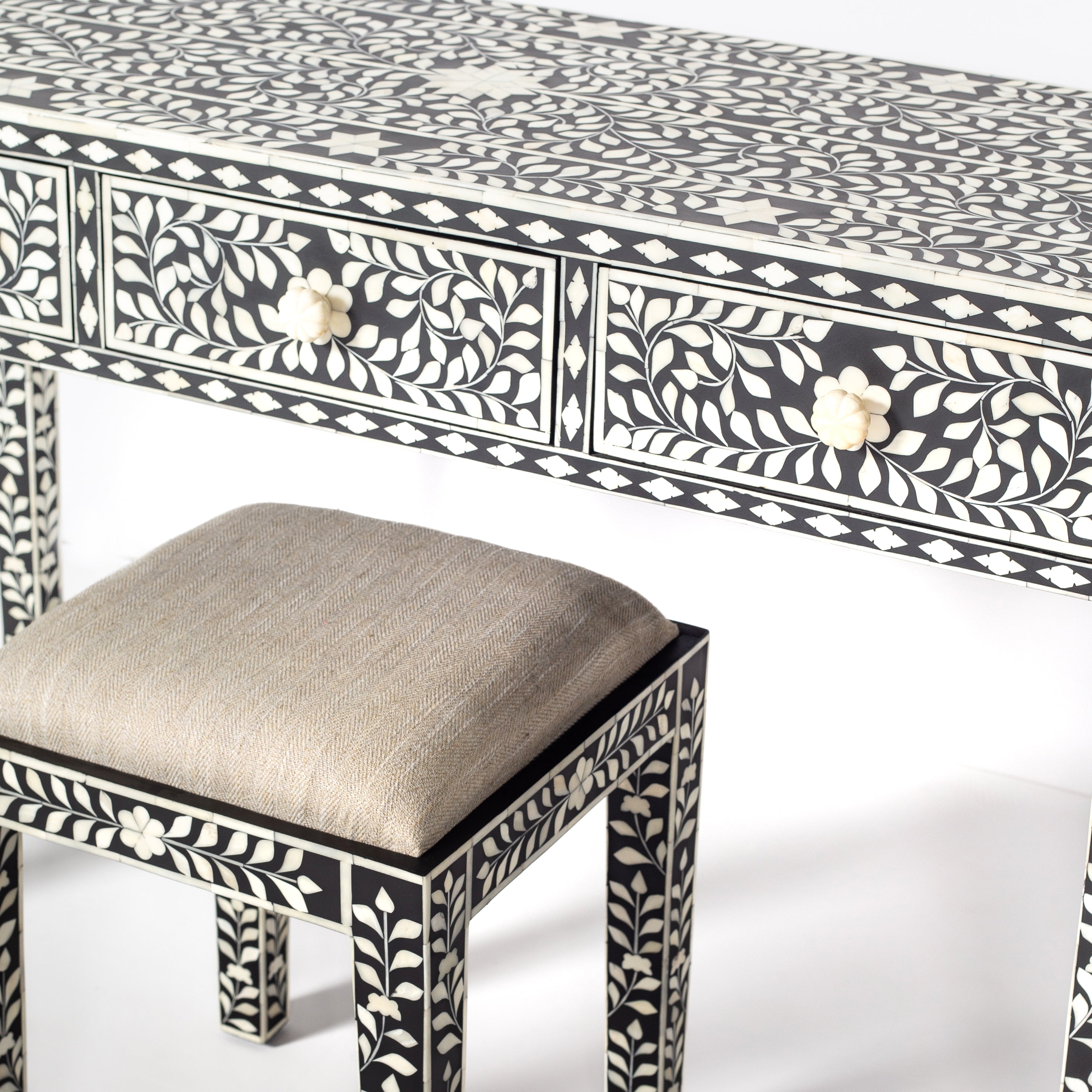 Handcrafted black bone inlay console table on mango wood, artisan-made heirloom by Tabeer Homes furniture.