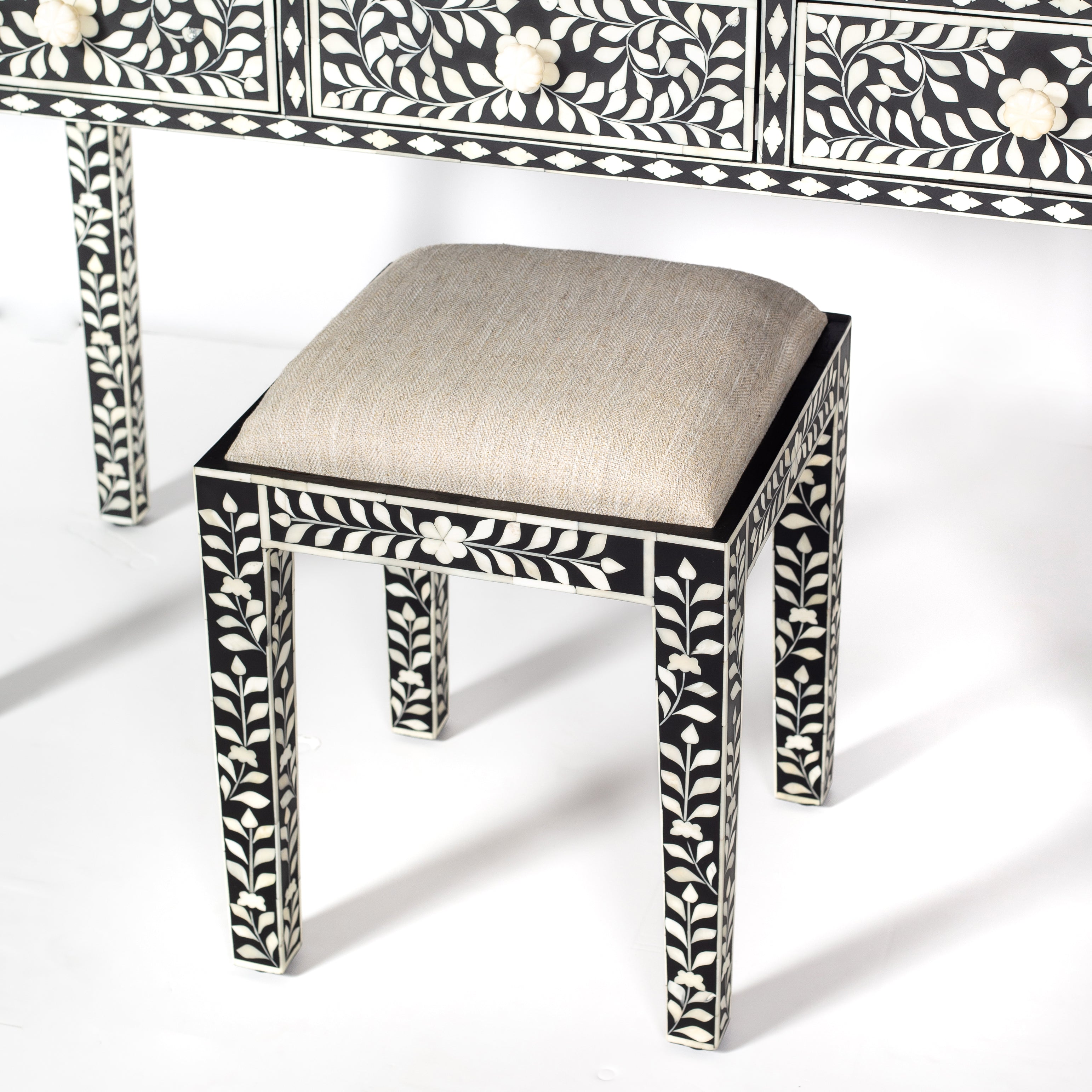 Handcrafted black bone inlay console table on mango wood, artisan-made heirloom by Tabeer Homes furniture.