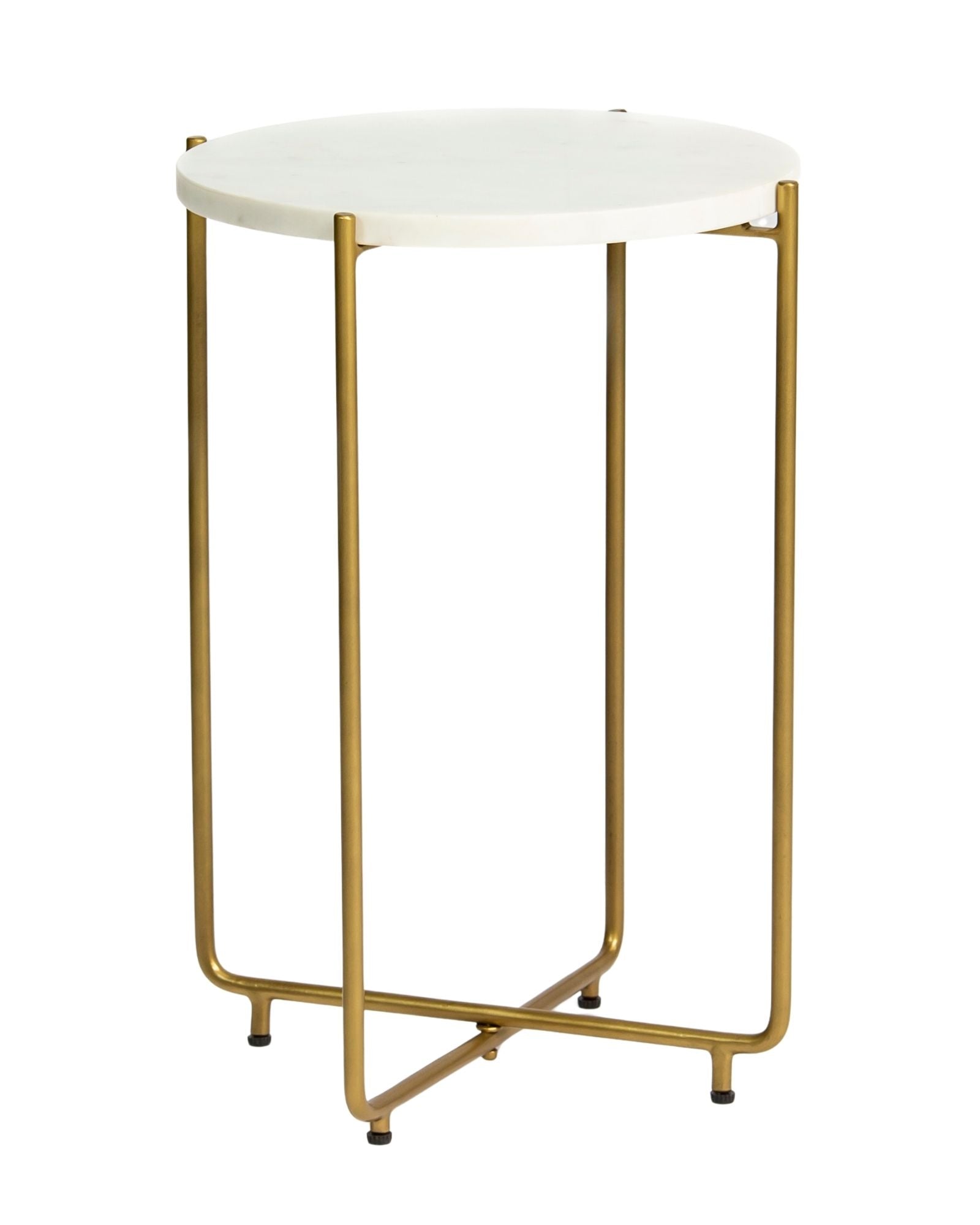 Marble side table featuring round white top with brass metal base, handcrafted furniture piece.