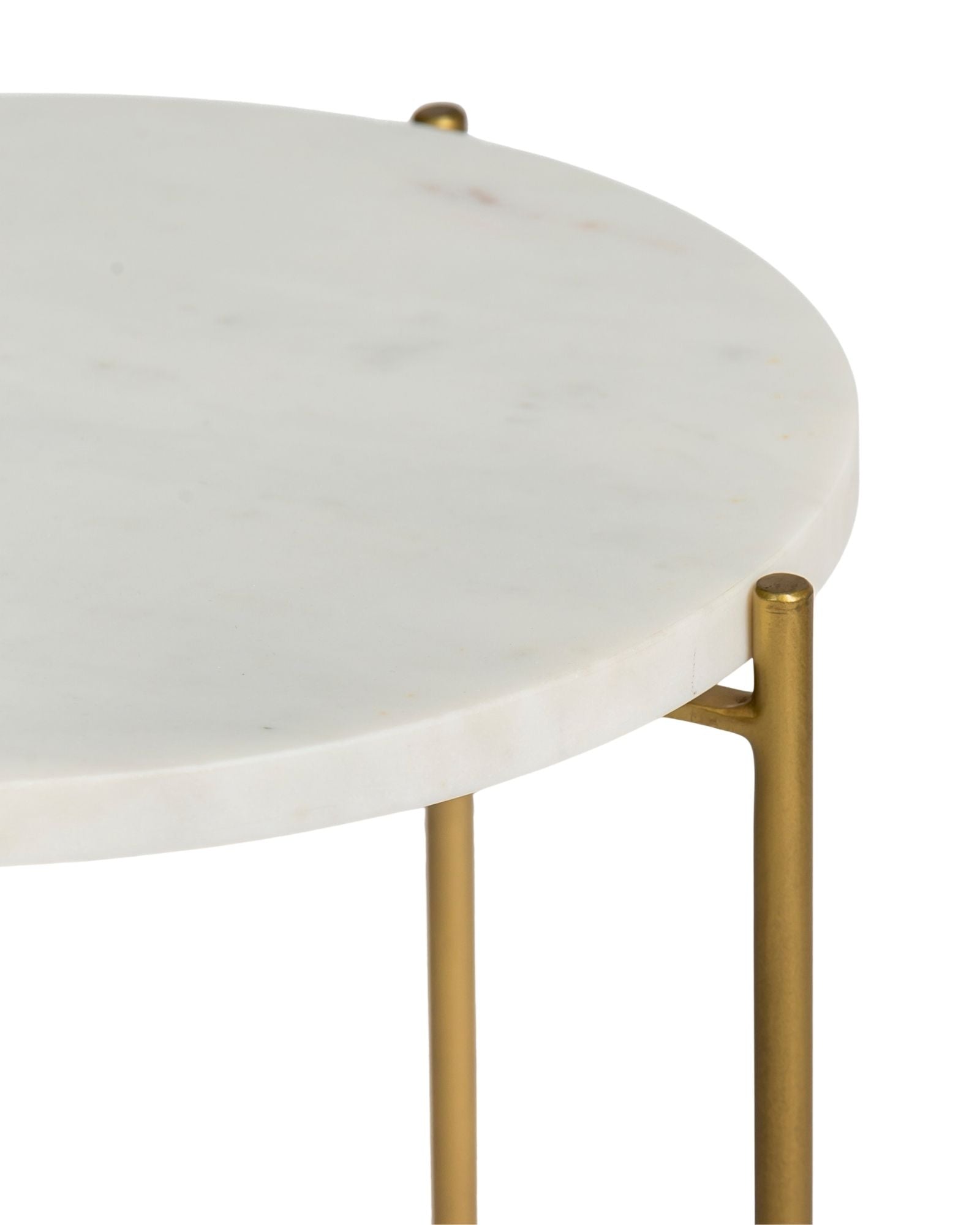 Marble side table featuring round white top with brass metal base, handcrafted furniture piece.