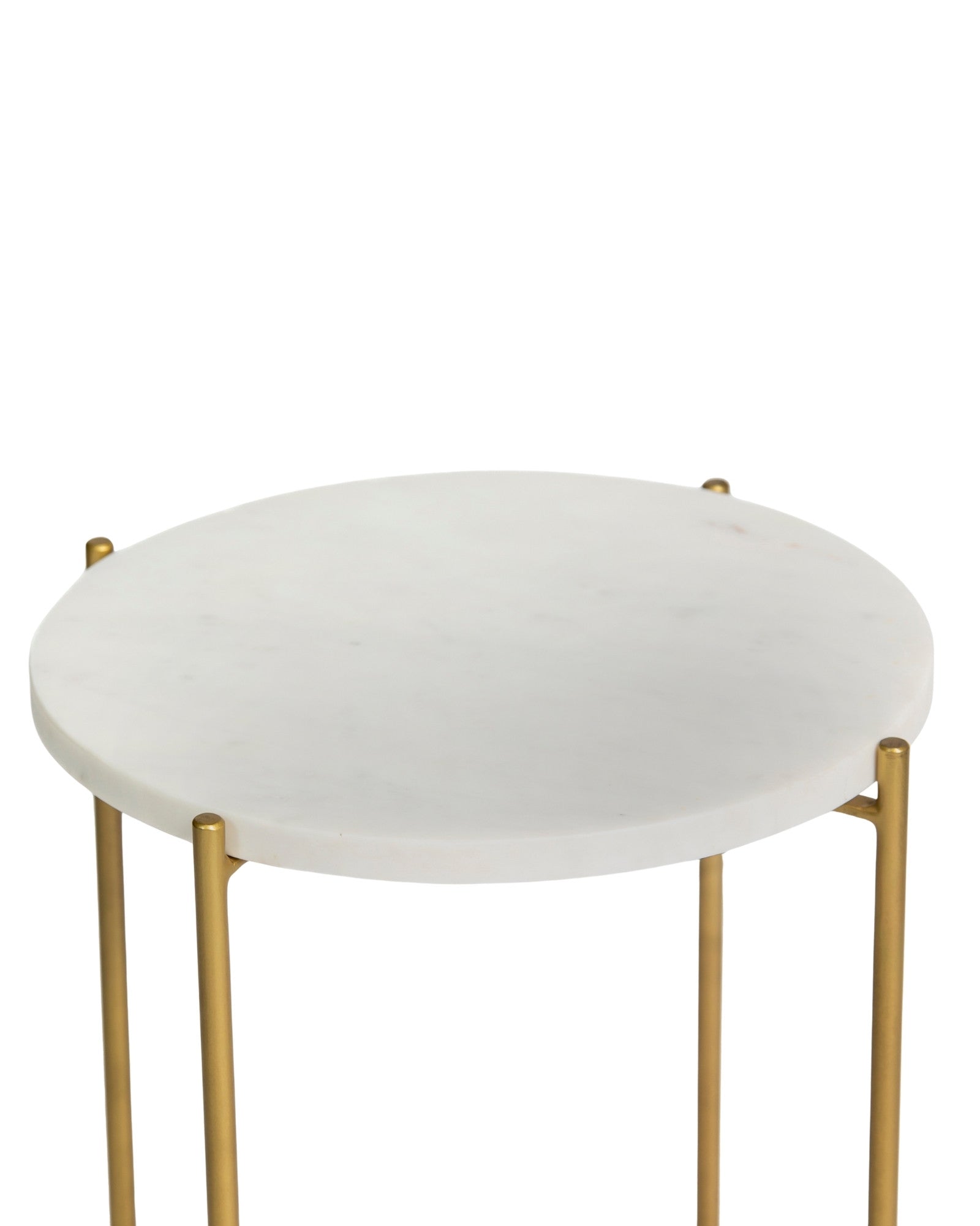Marble side table featuring round white top with brass metal base, handcrafted furniture piece.